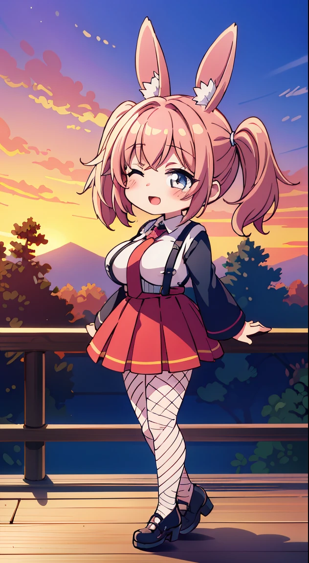 (Cute illustration:1,2),(Absurd realistic structure details),(High resolution complex and detailed text quality),(High-resolution microstructure、High poly 3 boobs D rendering correction),Methods of geometry,Careful explanatory anatomy, (chibi,full body:1.6),
1 beautiful girl, Solo,(Cute:1.5),(Chibi:0.8), (kawaii:1.5),(Lori:0.5), BREAK, (girl, Cute, Cheerful, Loli face, medium breasts:1.2),(Pink hair,disheveled short twin tails,tareme,Gold eyes:1.2),gleaming skin,Clear skin, cleavage of the breast,Beautiful , gleaming skin,Clear skin, Beautiful skin,( A smile:1.5),(best quality face),(Top quality glowing eyes), (Doya face,brave face:1.45), Break Break (Black and white theme:1.4), (black fake rabbit ears:1.3), (A fusion of a white collared long-sleeved shirt and a black corset with suspenders.:1.5), (Black fishnet stockings:1.3), (high-heels:1.1),
BREAK (Red Theme:1.3), (Red tie:1.4), (Red pleated skirt:1.4),
BREAK, 鎖骨,Hair intake, Hand up, Navel, Parted lips, Solo, Stomach,architecture, Blue sky, (autumn forest:1.2), wooden building, Kiyomizu-dera Temple, balconies, Blue sky, crystal clear skies, Blurry background, longshot, Standing, Sunset, Thighs Thighs Thighs\), Twilight,Happy,Laugh,blush,Opened mouth,Closed eyes,Beautiful sunset,Twilight,Backlighting,Waterfall,depth of fields,
BREAK,wakame,wakame,wakame,(Dynamic Angle:1.4),
BREAK,(Blurry background:1.3),(absurderes, hight resolution, Super Detail Art),cel shading,Clear Color, Lonely optical effect, Beautiful pictures, Bright glow, mystic atmosphere,(Close-up of girl:1.1), Mystical light particle effect,manga influence, clean line drawings,