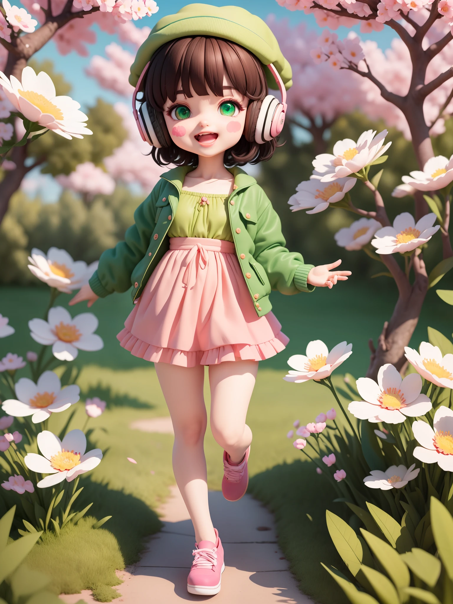 (masterpiece),(best quality),(ultra-detailed), (full body:1.2),
1girl With short black hair and green eyes,,chibi,cute, smile, open mouth,
flower, outdoors, playing guitar, music, beret, holding guitar, jacket, blush, tree, :3, shirt, short hair, cherry blossoms, green headwear, blurry, brown hair, blush stickers, long sleeves, bangs, headphones, black hair, pink flower,
(beautiful detailed face), (beautiful green eyes),