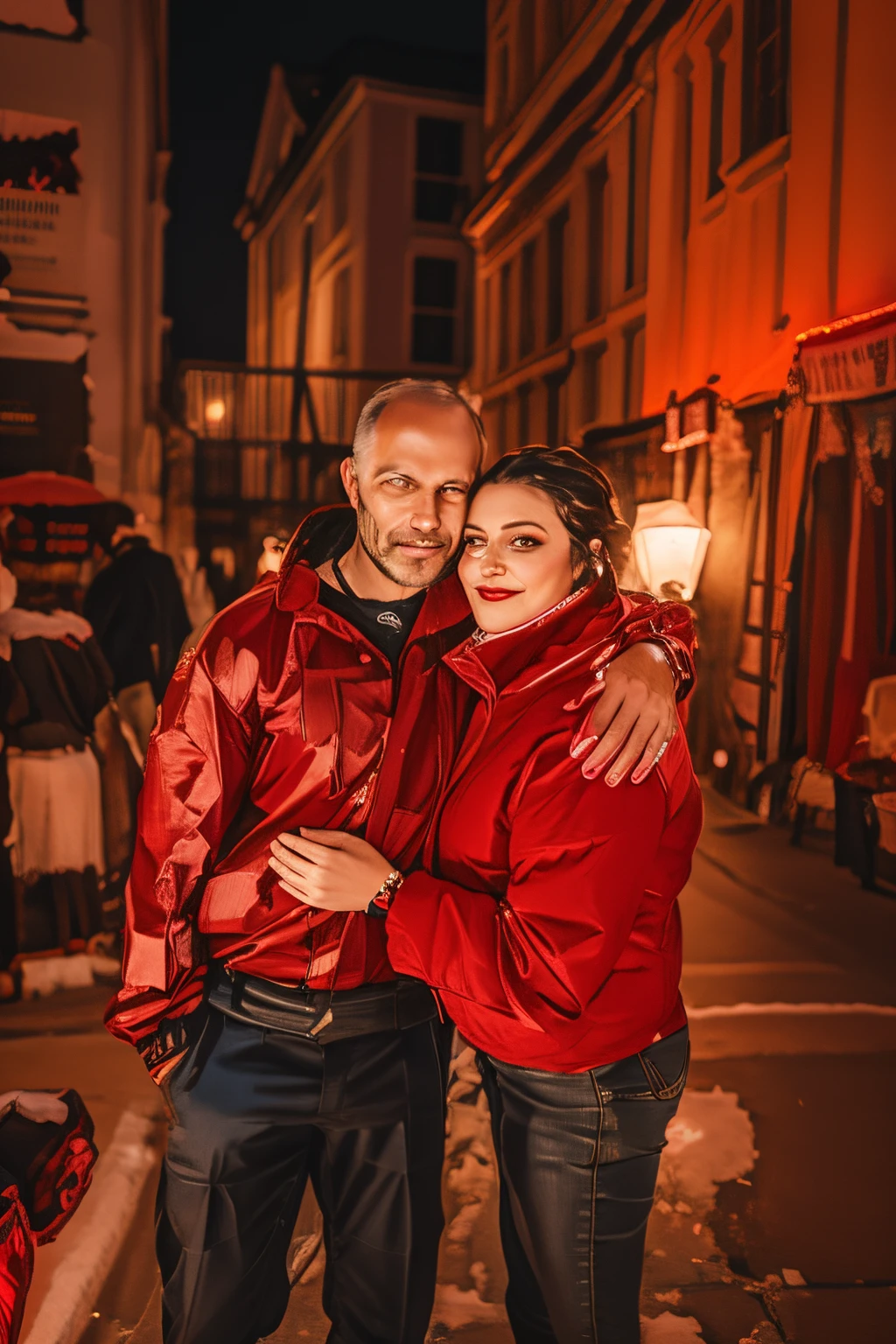 A woman and a man stand in an embrace, dressed in festive elegant clothes, Against the backdrop of the city at night, foto realista, photoshooting, ((Realistic))