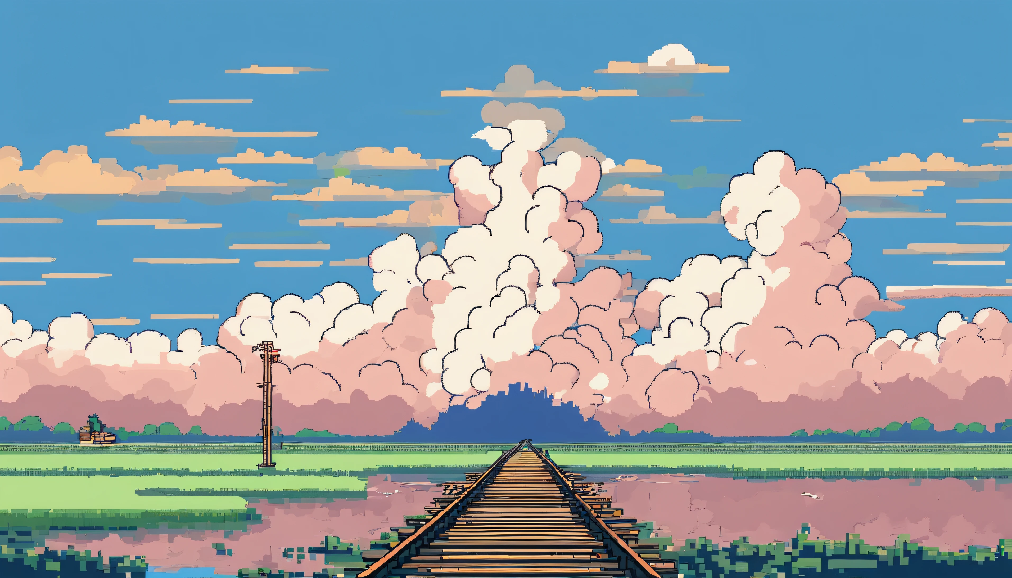 There a straight railroad track between the lake and the sky。The lake very calm,Deep white clouds float in the blue sky(dynamic) (in style of hayao miyazaki)(Idyllic) (comic strip)