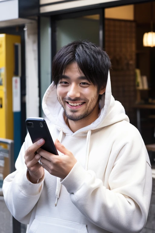 man looking at smartphone,a smile,30 year old Japanese man,Wearing a white hoodie,Fat,long hair
