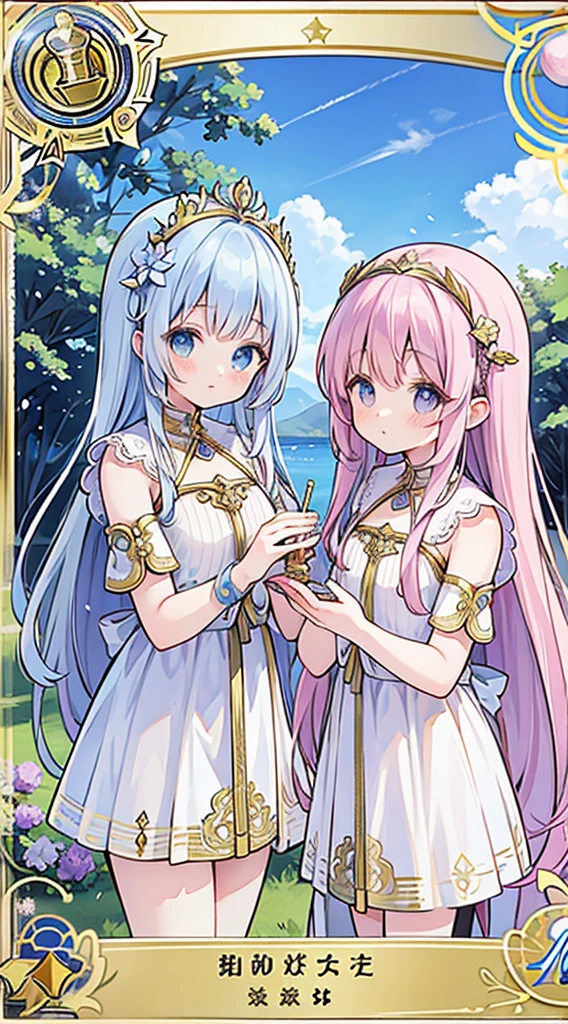 masterpiece, best quality, extremely detailed, anime, Tarot card decorated with crystal texture, The pipe organ, pipe organ Tarot Card, Tarot Card Style Frame, Art Nouveau, Ancient Greek Style, 2girl, twin girls, asymmetrical composition, asymmetrical girls, lavender hair, light purple hair, Ancient Greek clothing, chiton, hair ornament, braid ponytail, upper body, blue sky, Pillars, flowers, cobblestones