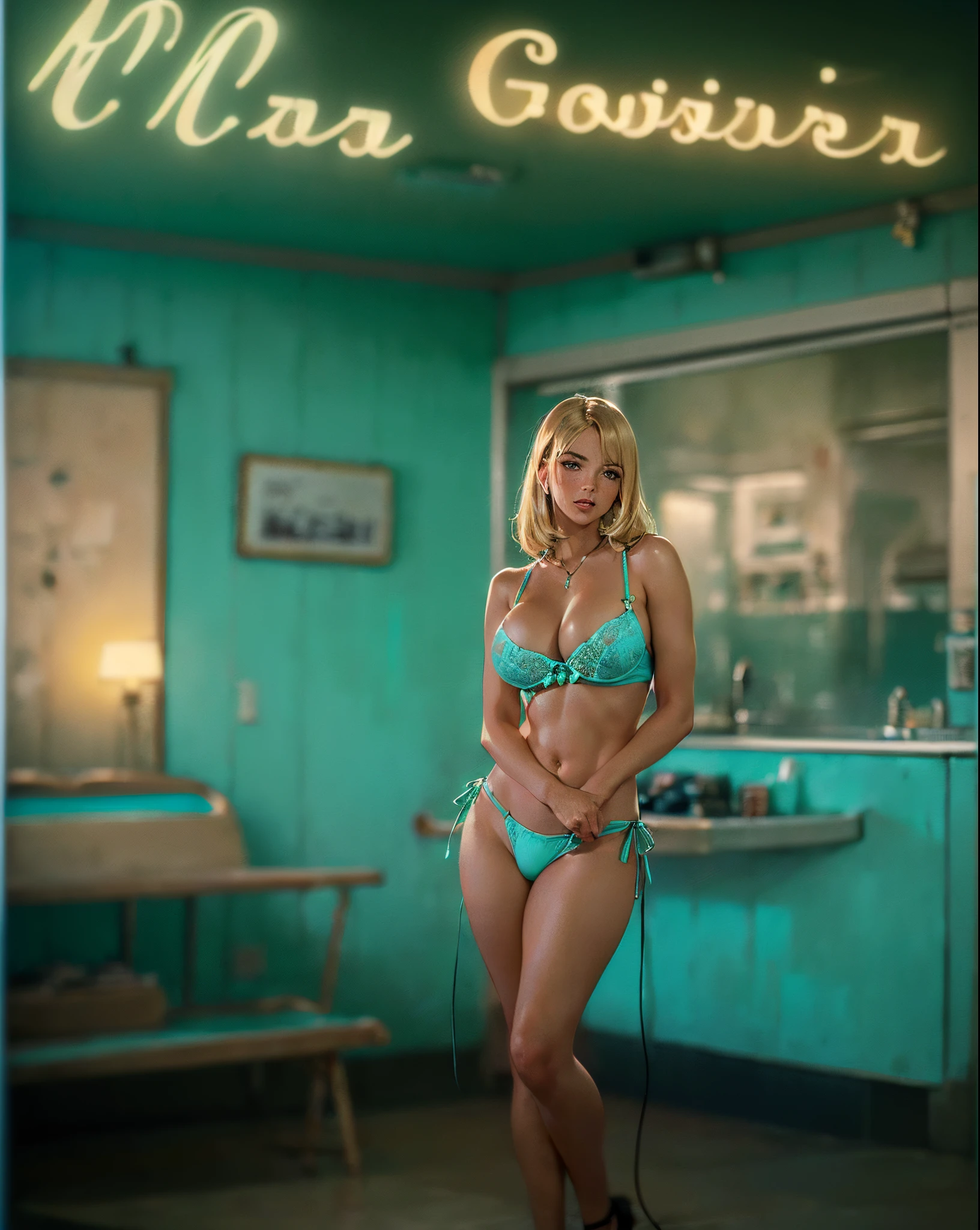 film still, 1970's vintage old motel, young blonde woman, (((((big boobs))))), young man, (muscular), (neon lights cyan and violet lighticro mini lingerie))))), supermodel, ((((sexy teasing poseasterpiece, eye level, Kodak Funsaver, Porta 160, 20mm, bokeh, in the style of Nan Goldin, textured, distressed, ((vintage)), edgy, noisy, high contrast, ralistic, ultrarealistic, 4k, hyperreal