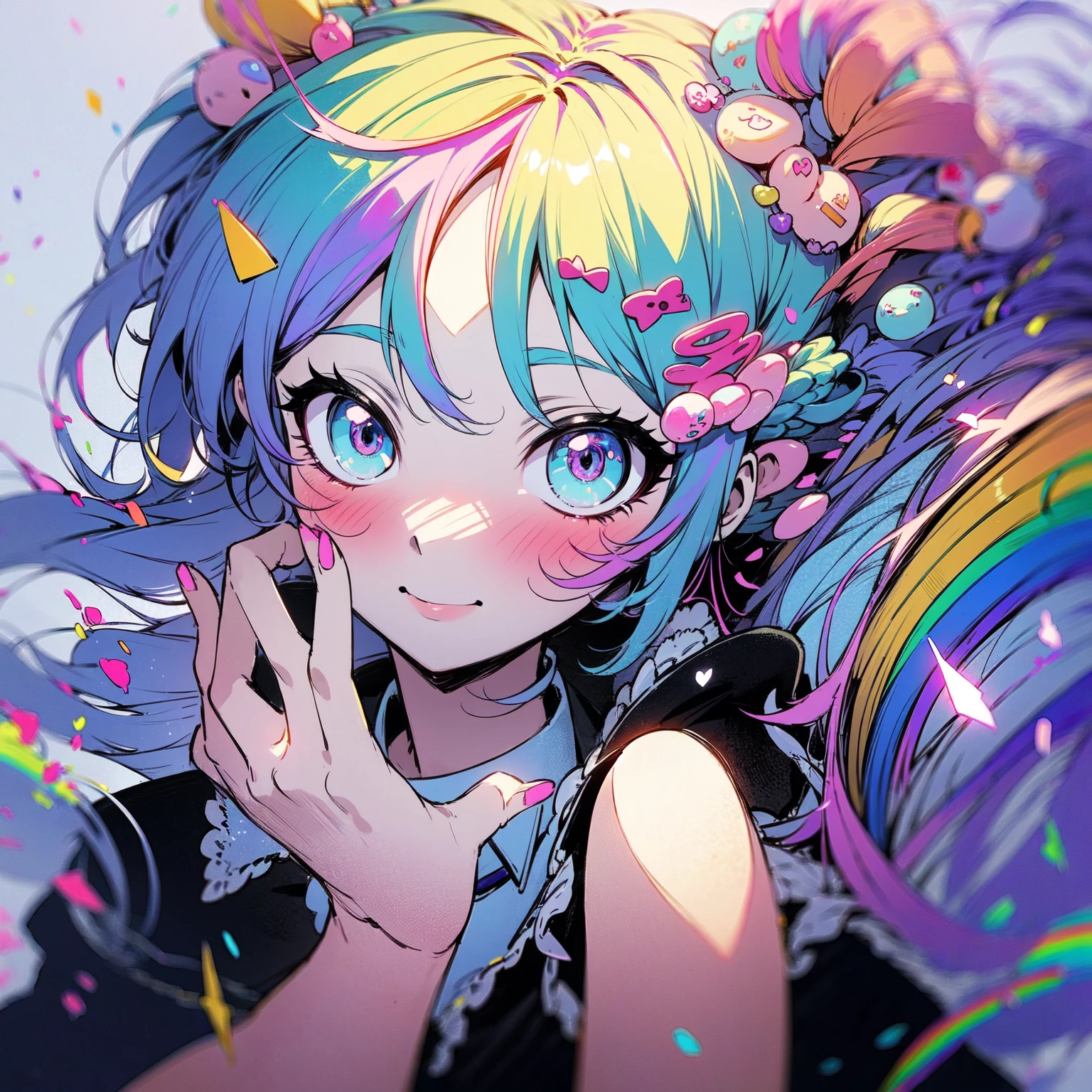 Cute as a dream、a pale、Moya、(masterpiece、top-quality、top-quality、Good anatomy、watercolor paiting)、Official art、(Beautifully Aesthetic:1.2)、(miku hatsune:1.Make a turn、(rainbow-colored hair、colourful hair:1.2)、colorfull dress、Soap bubbles、Rainbow behind、云、colourfull、Hair spreads throughout、kawaii、pastels、Large ribbon、Spark、CM for carbonated beverages