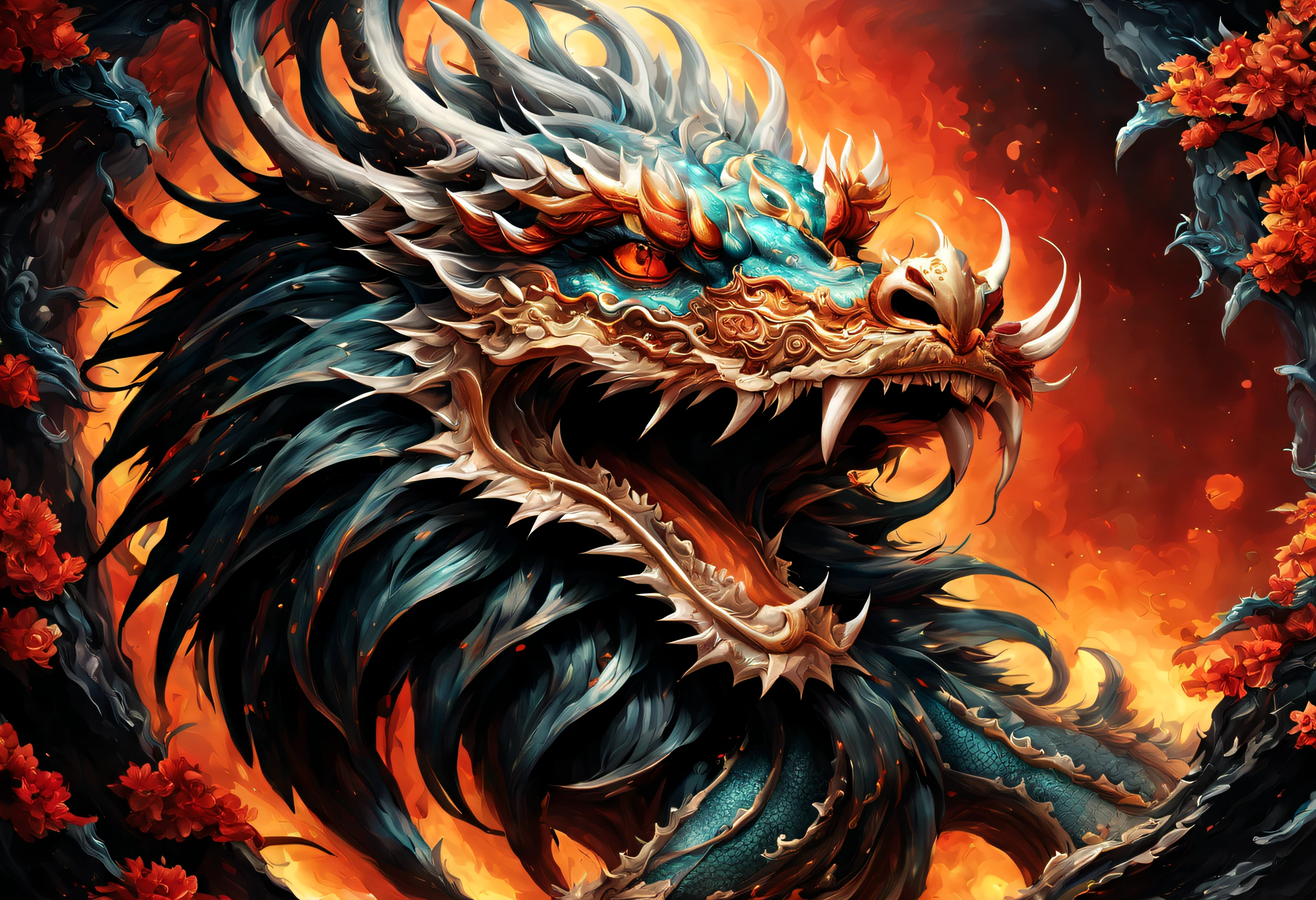 (best quality, 4k, highres:1.2), vibrant colors, detailed Chinese dragon with intricate scales, flowing and fiery mane, captivating eyes, long snout, sharp teeth, powerful limbs, majestic wings, intricate patterns, graceful movements, traditional ink wash painting style, vivid brushstrokes, dynamic composition, mystical background, traditional Chinese color palette, warm lighting