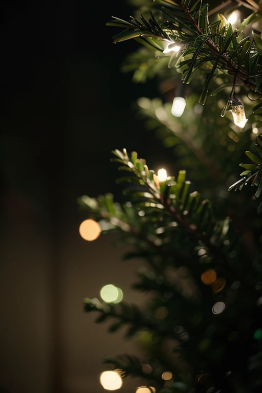 (realistic photography, high detail, panoramic view), many Christmas lights, green Christmas decorations, diffused light, shallow depth of field
