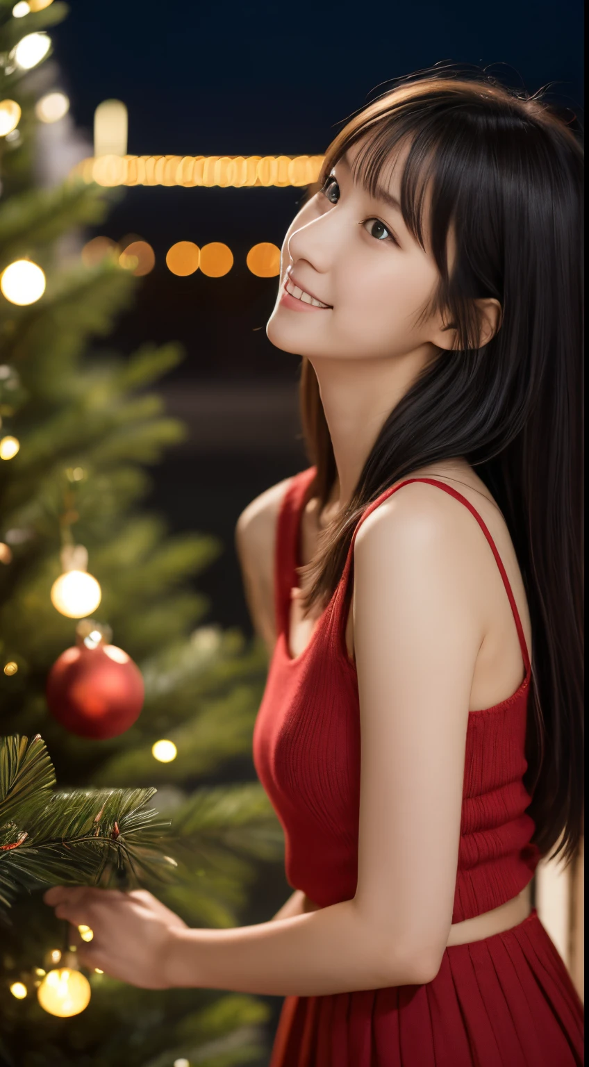 1girl in, sixteen years old、Gravure model for Japan, (cute little, a beauty girl,profile:1.2), Modest big, 𝓡𝓸𝓶𝓪𝓷𝓽𝓲𝓬,(Beautiful Christmas night view and snow:1.2), (Looking up at the big Christmas tree:1.5)、Luffy white wool sweater, a night town with beautiful Christmas illuminations:1.2), red scarf, (Red pleated skirt), A dark-haired、Lost in thought with a happy expression、 Best Quality, hight resolution, Detailed skin, Detailed face and eyes, Hi-Res, Natural lighting, Perfect Anatomy, Physically-based rendering, Photorealistic, symmetric clear eyes, Beautiful and well-groomed face,Teenage girl, Perfect figure, Transparency, hposing Gravure Idol,