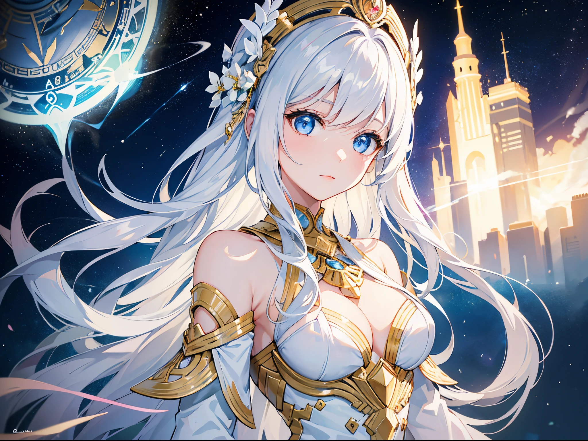 Album. Woman. woman. 1-women. One woman. A woman. A Goddess in typical all-white. Goddess attire. An Aeon . The Goddess of . Long white hair and light sky blue eyes. Background of a starry galaxy with giant clocks. Goddess of time and space. Upper body. Half body potrait. Hair accessories. Beautiful hair style. Cool woman. Authoritative women. Cool and strong aura. Aesthetics. Mysterious. Very beautiful. Soft smile