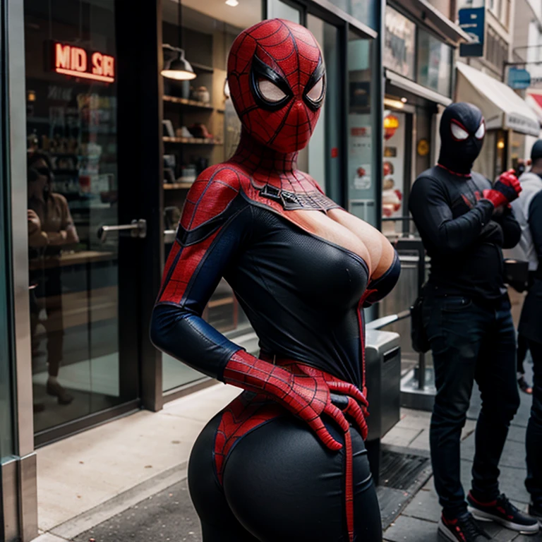 Masked spiderman with big breasts grabs his big ass breasts