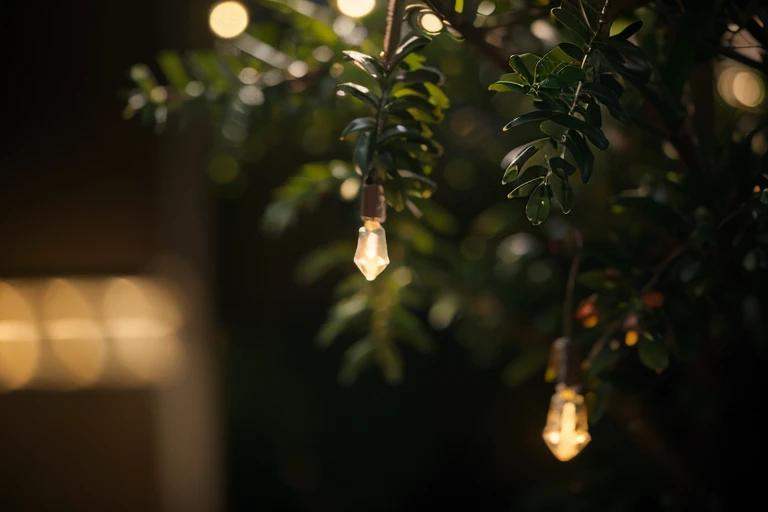 (realistic photography, high detail, panoramic view), many Christmas lights, green Christmas decorations, diffused light, shallow depth of field.