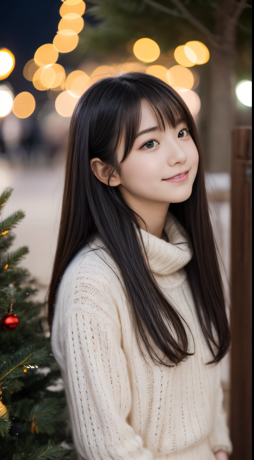 1girl in, 、Gravure model for Japan, (cute little, a beauty girl,profile:1.2), Modest big, 𝓡𝓸𝓶𝓪𝓷𝓽𝓲𝓬,(Beautiful Christmas night view and snow:1.2), (looking up at the big christmas tree:1.5)、(wearing a fluffy white wool sweater:1.2), (A night town with beautiful Christmas illuminations:1.2), red scarf, (Red pleated skirt), A dark-haired、Lost in thought with a happy expression、 Best Quality, hight resolution, Detailed skin, Detailed face and eyes, Hi-Res, Natural lighting, Perfect Anatomy, Physically-based rendering, Photorealistic, symmetric clear eyes, Beautiful and well-groomed face,Teenage girl, Perfect figure, Transparency, hposing Gravure Idol,
