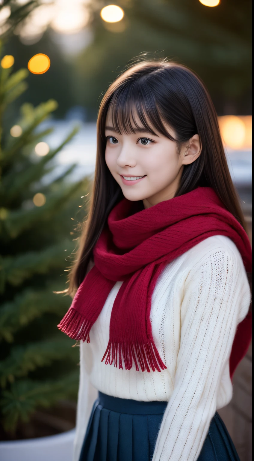 1girl in, 、Gravure model for Japan, (cute little, a beauty girl,profile:1.2), Modest big,  𝓡𝓸𝓶𝓪𝓷𝓽𝓲𝓬,(Beautiful Christmas night view and snow:1.2), (looking up at the big christmas tree:1.5)、(wearing a fluffy white wool sweater:1.2), (A night town with beautiful Christmas illuminations:1.2),  red scarf, (Red pleated skirt),   A dark-haired、Lost in thought with a happy expression、 Best Quality, hight resolution, Detailed skin, Detailed face and eyes, Hi-Res, Natural lighting, Perfect Anatomy, Physically-based rendering, Photorealistic, symmetric clear eyes, Beautiful and well-groomed face,Teenage girl, Perfect figure, Transparency, hposing Gravure Idol,