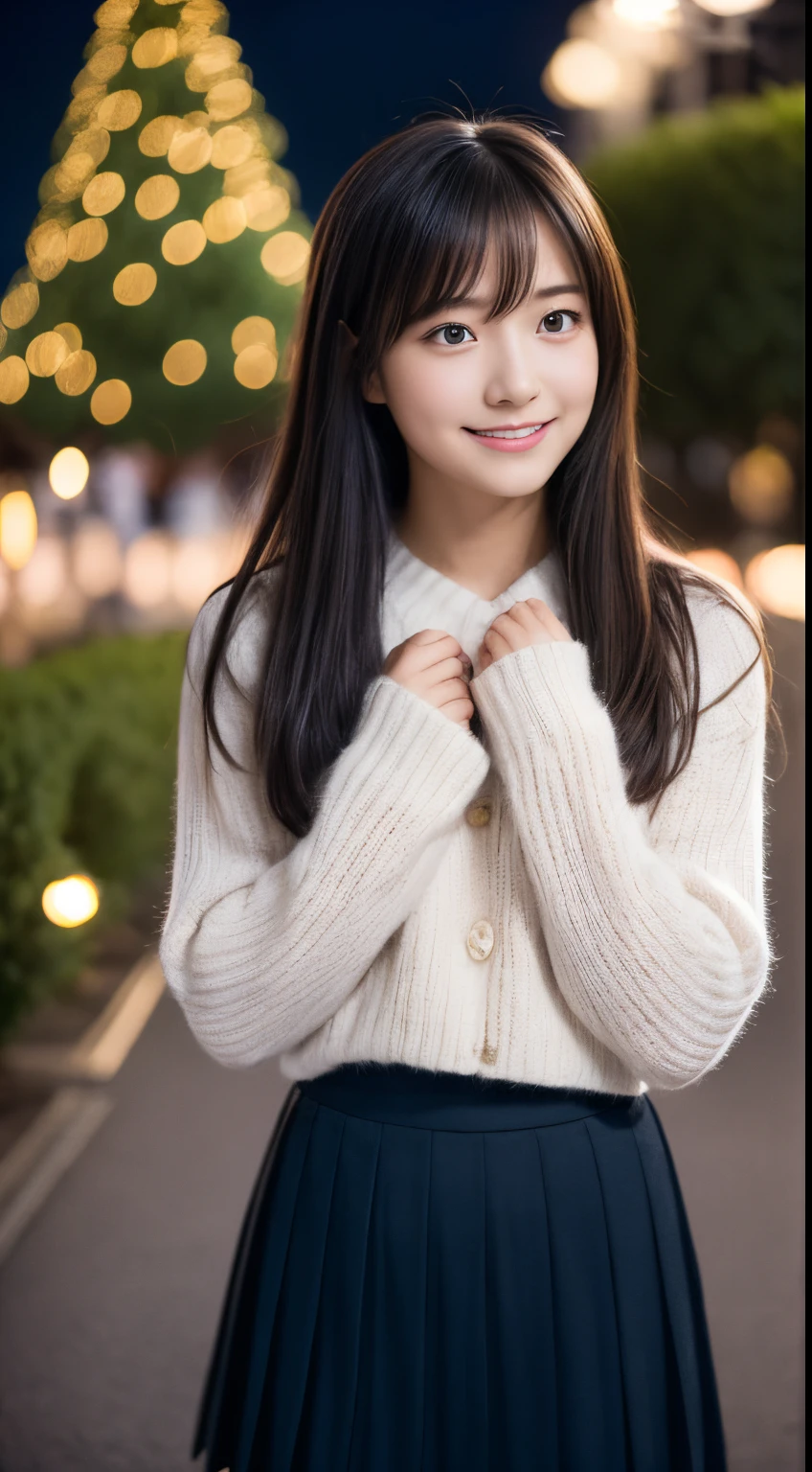 1girl in, sixteen years old、Gravure model for Japan, (cute little, a beauty girl,profile:1.2), Modest big,  𝓡𝓸𝓶𝓪𝓷𝓽𝓲𝓬,(Beautiful Christmas night view and snow:1.2), (looking up at the big christmas tree:1.5)、(wearing a fluffy white wool sweater:1.2), (A night town with beautiful Christmas illuminations:1.2),  red scarf, (Red pleated skirt),   A dark-haired、Lost in thought with a happy expression、 Best Quality, hight resolution, Detailed skin, Detailed face and eyes, Hi-Res, Natural lighting, Perfect Anatomy, Physically-based rendering, Photorealistic, symmetric clear eyes, Beautiful and well-groomed face,Teenage girl, Perfect figure, Transparency, hposing Gravure Idol,