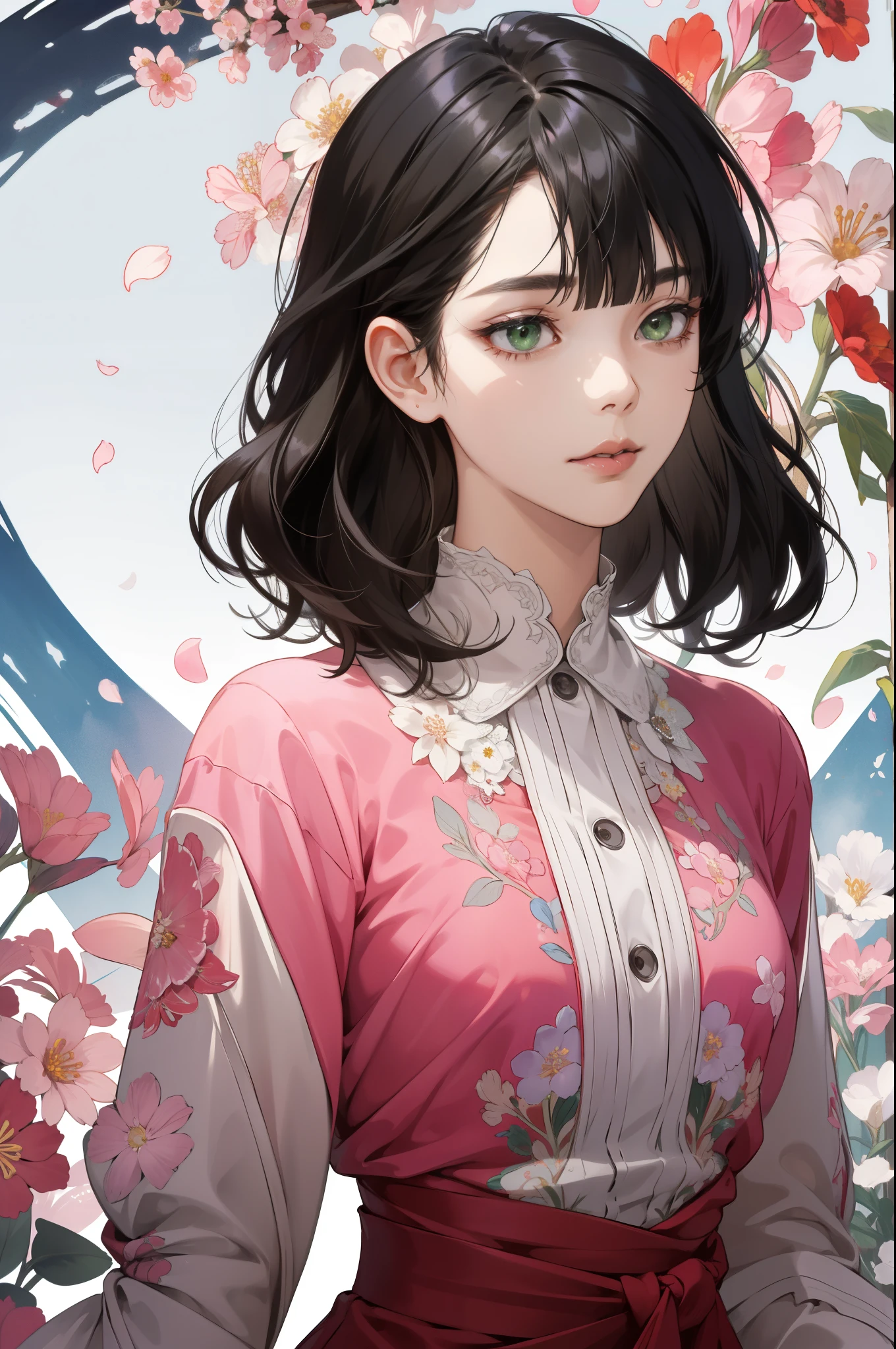 (absurdres, highres, ultra detailed), 1girl, mature female, wavy black hair, Short hair, blunt bangs, green eyes, pink dress, finely detailed eyes and detailed face, extremely detailed CG unity 8k wallpaper, intricate details, BREAK , kaleidoscopic imagery, symmetrical patterns, vibrant colors, geometric shapes, mesmerizing designs, optical illusions, dynamic composition BREAK , pantomime art, expressive body language, silent storytelling, evocative gestures, visual narratives, theatrical performances BREAK , blooming flowers, colorful petals, fragrant scents, nature's bounty, vibrant gardens, peaceful scenery