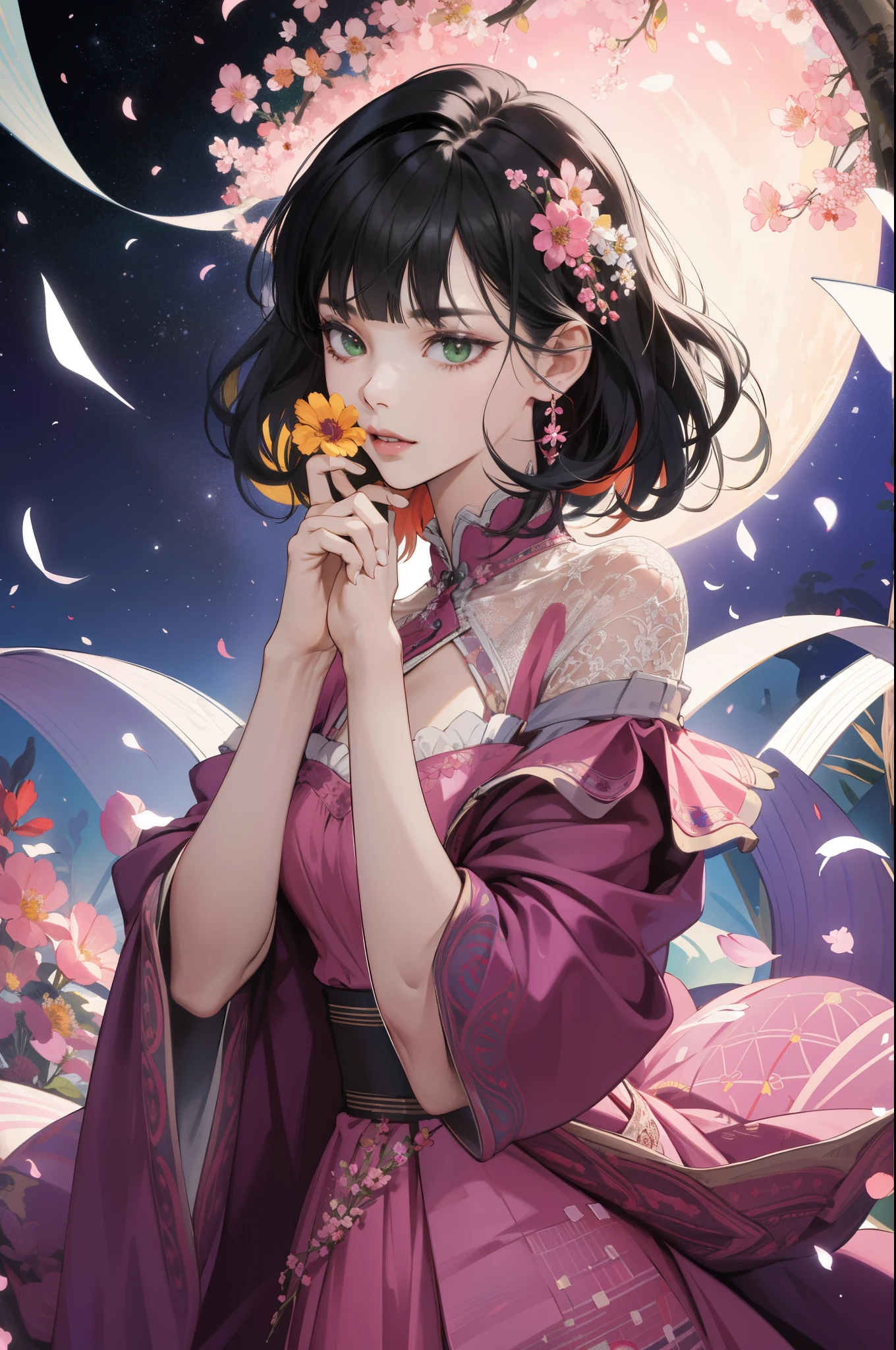 (absurdres, highres, ultra detailed), 1girl, mature female, wavy black hair, Short hair, blunt bangs, green eyes, pink dress, finely detailed eyes and detailed face, extremely detailed CG unity 8k wallpaper, intricate details, BREAK , kaleidoscopic imagery, symmetrical patterns, vibrant colors, geometric shapes, mesmerizing designs, optical illusions, dynamic composition BREAK , pantomime art, expressive body language, silent storytelling, evocative gestures, visual narratives, theatrical performances BREAK , blooming flowers, colorful petals, fragrant scents, nature's bounty, vibrant gardens, peaceful scenery