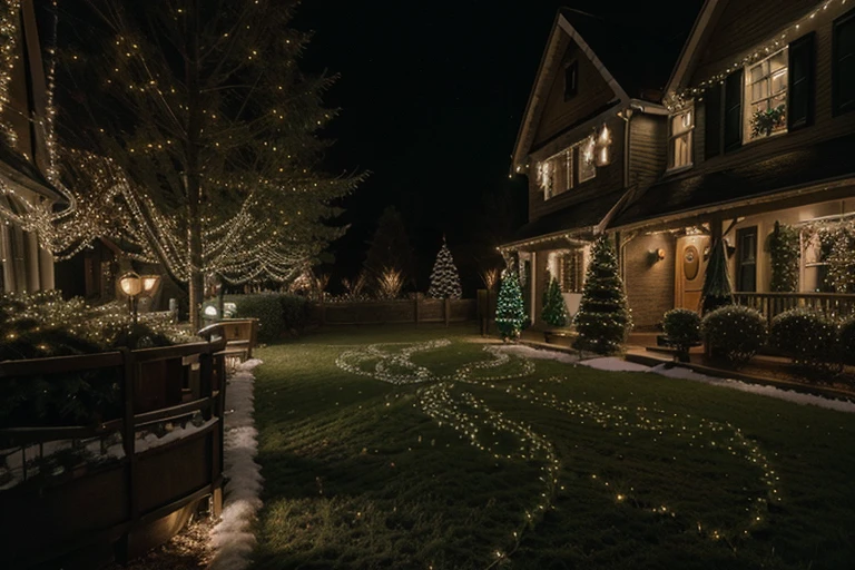 (realistic photography, high detail), many Christmas lights, green Christmas decorations, diffused light.