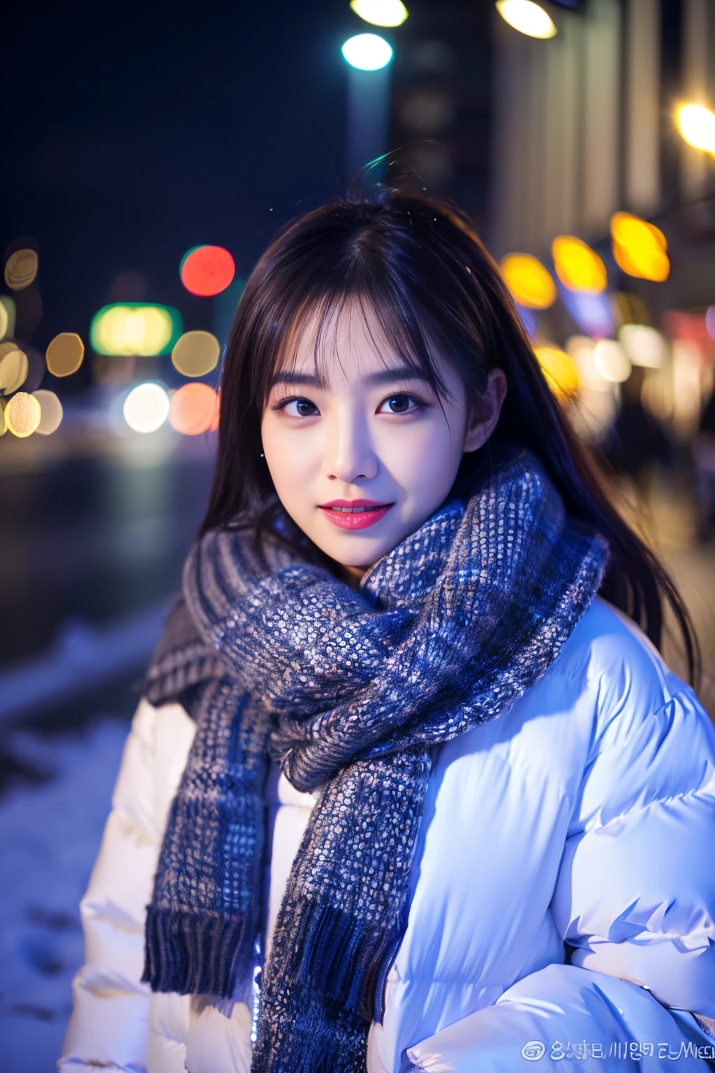 (8k, RAW photo, best quality, masterpiece:1.2), (realistic, photo-realistic:1.37),1girl,(Kpop idol), (aegyo sal:1),cute,cityscape, night, winter, snow, professional lighting, photon mapping, radiosity, physically-based rendering,