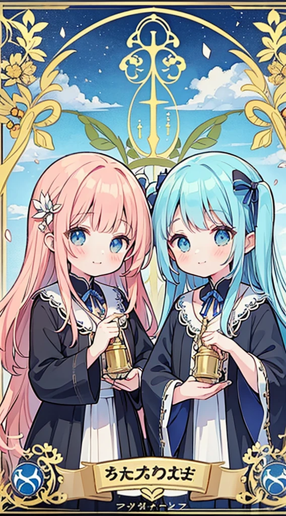 masterpiece, best quality, extremely detailed, anime, Tarot card decorated with crystal texture, The pipe organ, pipe organ Tarot Card, Tarot Card Style Frame, Art Nouveau, Ancient Greek Style, 2girl, twin girls, asymmetrical composition, asymmetrical girls, upper body, large pipe organ decorated with crystal texture, twin girls, Music plays, music notes, treble clef, staff notation, blue sky, Pillars, cobblestones, flower garden, petals