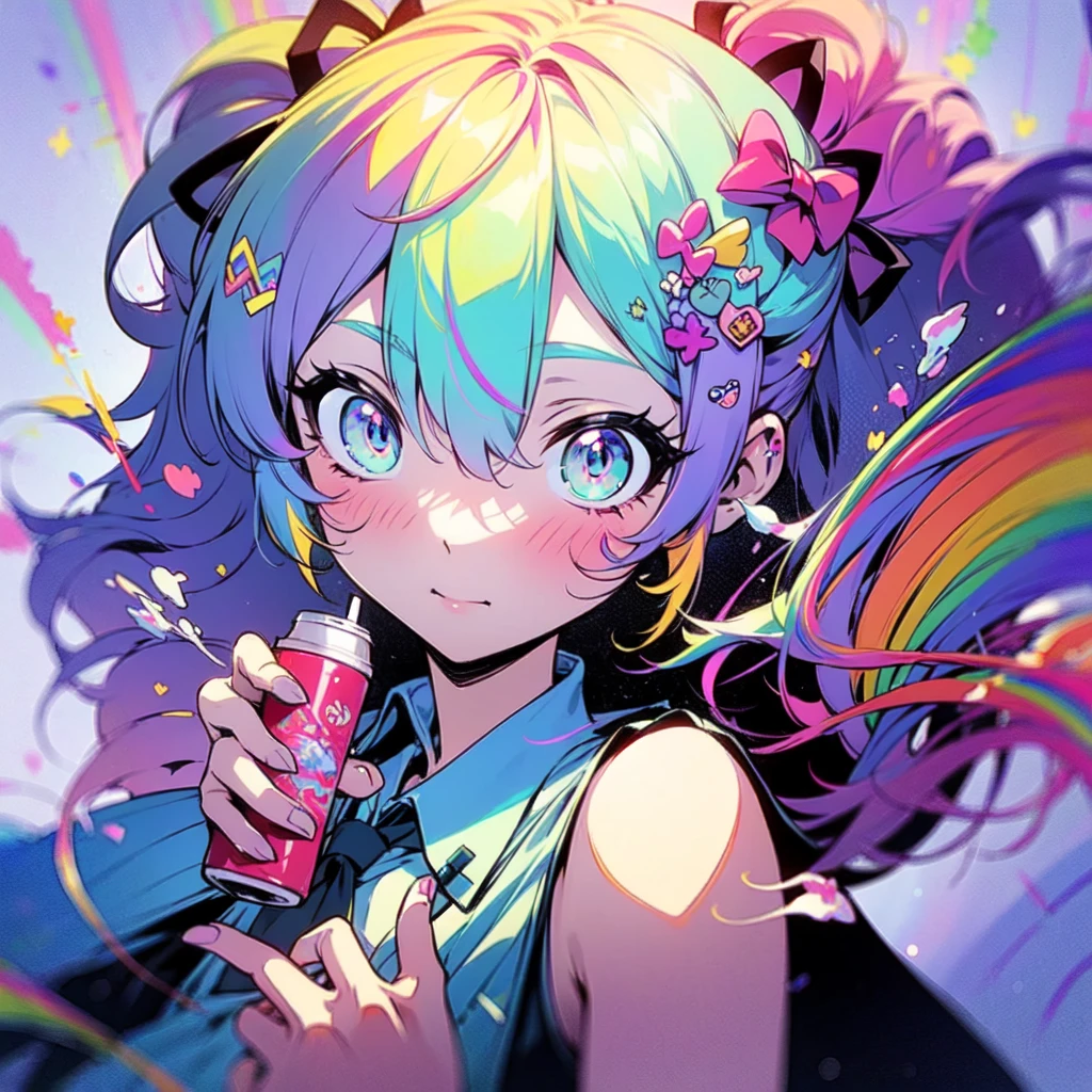 Cute as a dream、a pale、Moya、(​masterpiece、top-quality、top-quality、Good anatomy、watercolor paiting)、Official art、(Beautifully Aesthetic:1.2)、(miku hatsune:1.Make a turn、(rainbow-colored hair、colourful hair:1.2)、colorfull dress、Soap bubbles、Rainbow behind、云、colourfull、Hair spreads throughout、kawaii、pastels、Large ribbon、Spark、CM for carbonated beverages