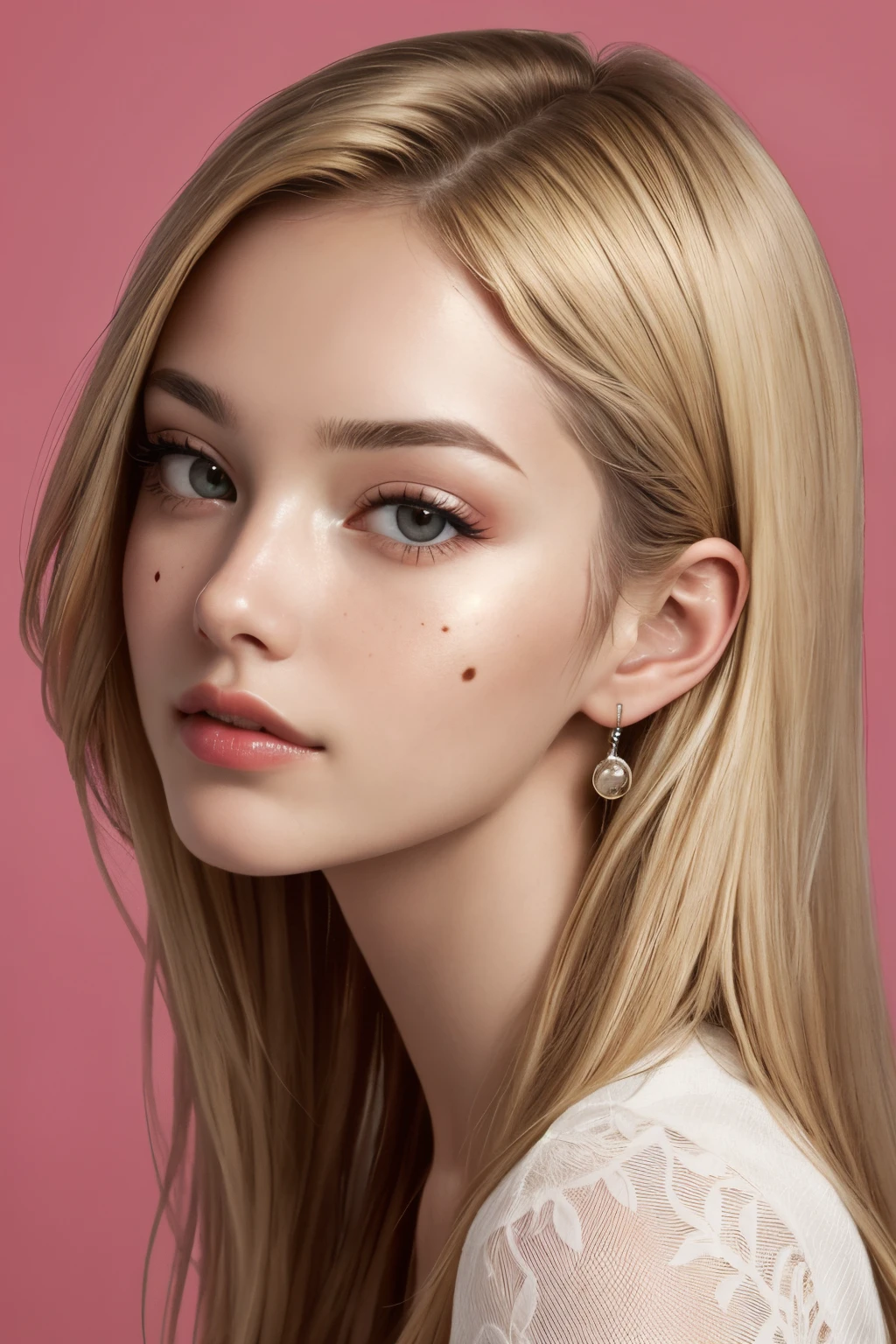 Create me a pretty blonde woman with a perfect face and a small birthmark above the right side of her lip