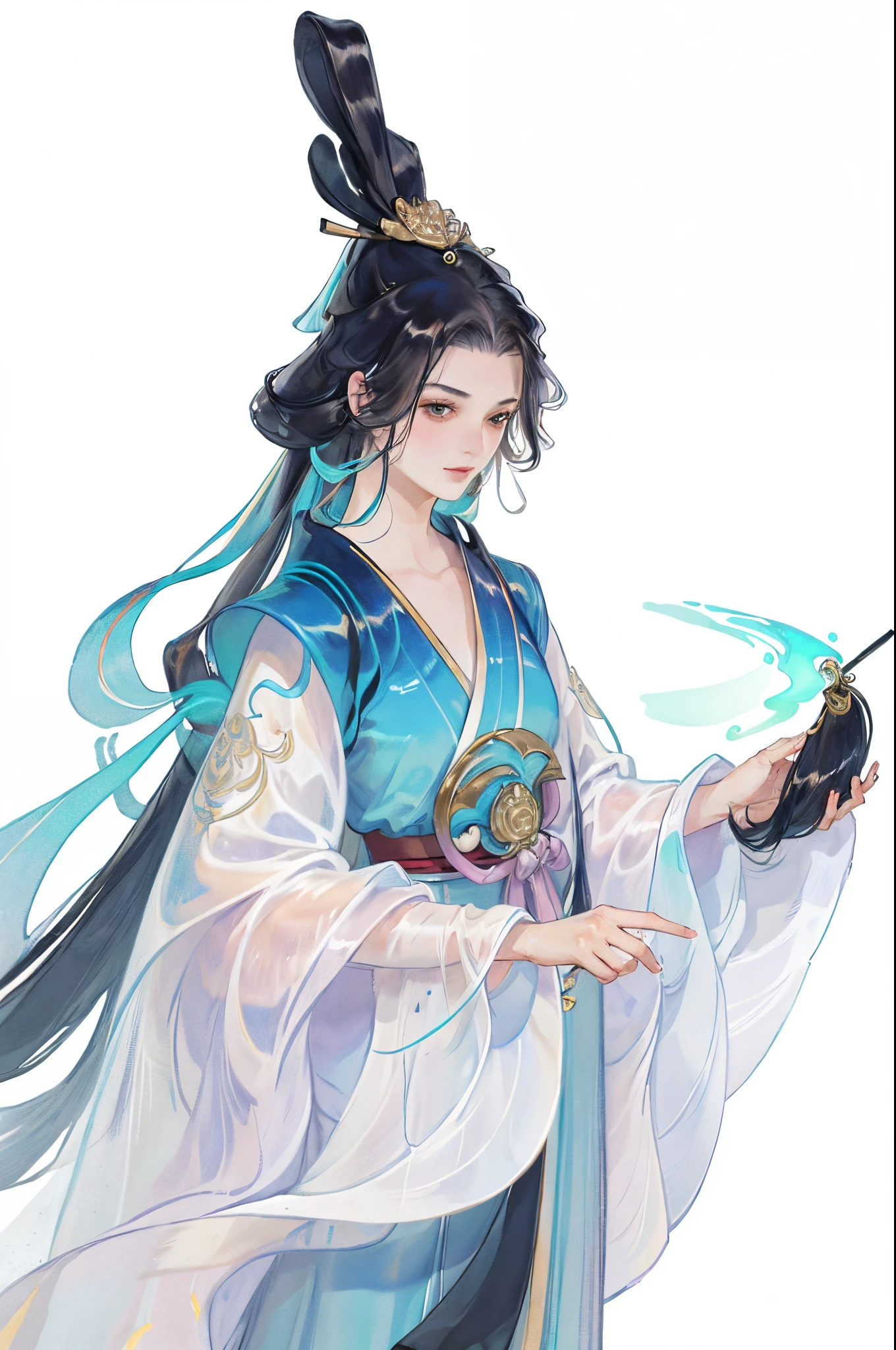 Best quality at best, 超高分辨率, (((1 girl))),(Long black hair), game fairy, Old palace, Hanfu, Yarn, Flowing light yarn, jewelry, (focal), (((Colorful))), particle fx , tmasterpiece, Best quality at best, beautiful painted, meticuloso, highly detailed, (tmasterpiece, Best quality at best) CG unified 8K wallpaper,tmasterpiece,Best quality,ultra - detailed), Super HD picture quality,Clear face