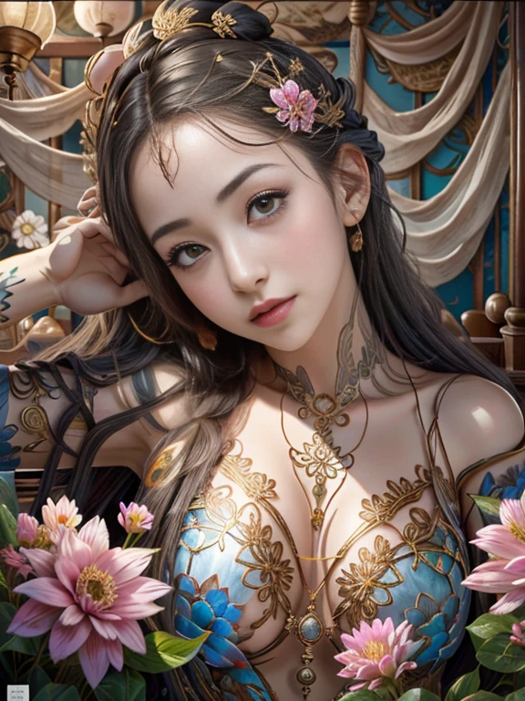 (masutepiece, of the highest quality, Best Quality, Official art, Beautiful and aesthetic: 1.2), (1 Flower), Upper body, Extremely detailed, (Fractal Art: 1.3), Colorful, best detailed,"Best Quality", "masutepiece,Sakimi-chan style art,Million Yen Smile,, Legs open, view of pubic hair, 1 Transparent forest clothes,Exposed breasts, open transparent t-shirt ,tattoos of mandala and flowers, best qualtiy,Black hair fused with platinum and gold, Nude Girl, Beautiful visible pubic area, Pink Pesong, big breast view, Garden water pond, naked mandala and flower tattoo, Floating Old Clock, apples, lantern,skin wet with water,NSFW