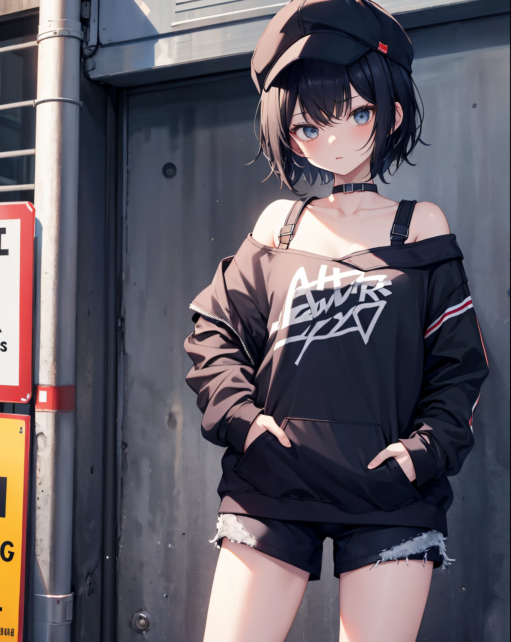 masterpiece,1girl,solo, short hair, black hair,hoodie,off shoulder:1.2, mob cap, street,hand on hip, hand in pocket,short pants .