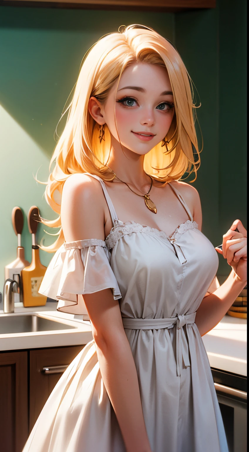 Beautiful portrait of an American blonde woman, long summer dress, smiling, happy, inside a kitchen set in 1990s,