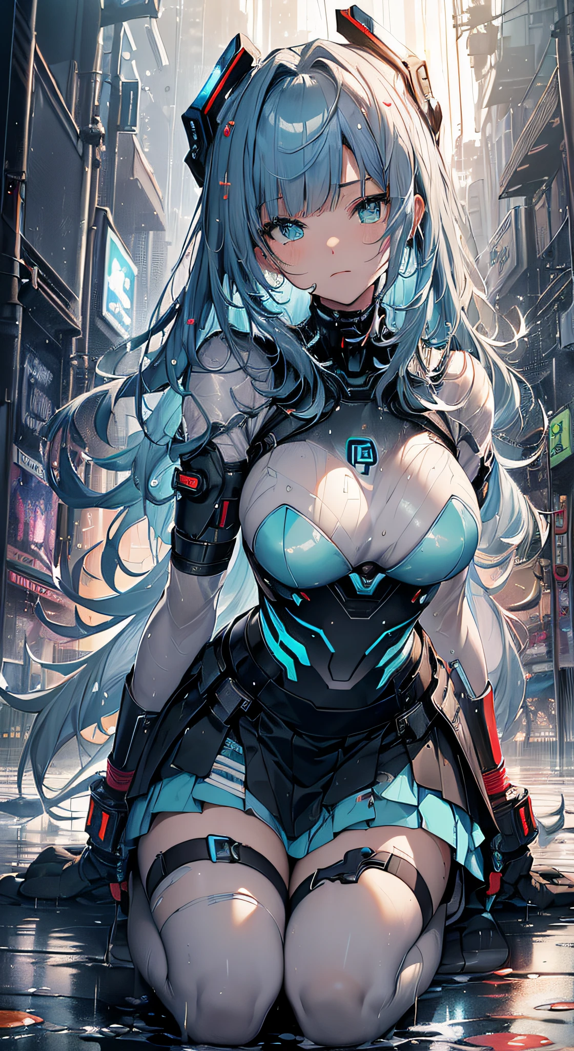 quality、Picture quality、tmasterpiece、android girl((Sixteen years old,My computer suit  full of scarlack light, red and white、blue energy,best bust、Bust 90、light blue shiny hair、Long hairs,Net skirt、Cyan eyes、with our hearts open wide、Pleasant valley、The slender one、The whole body was soaked、fall to the ground、Kneeling、Leaning forward)）high high quality、beautiful art、Background with((Magical night city、heavy rain poured))、On a table、Well designed、visual art、Theatrical films