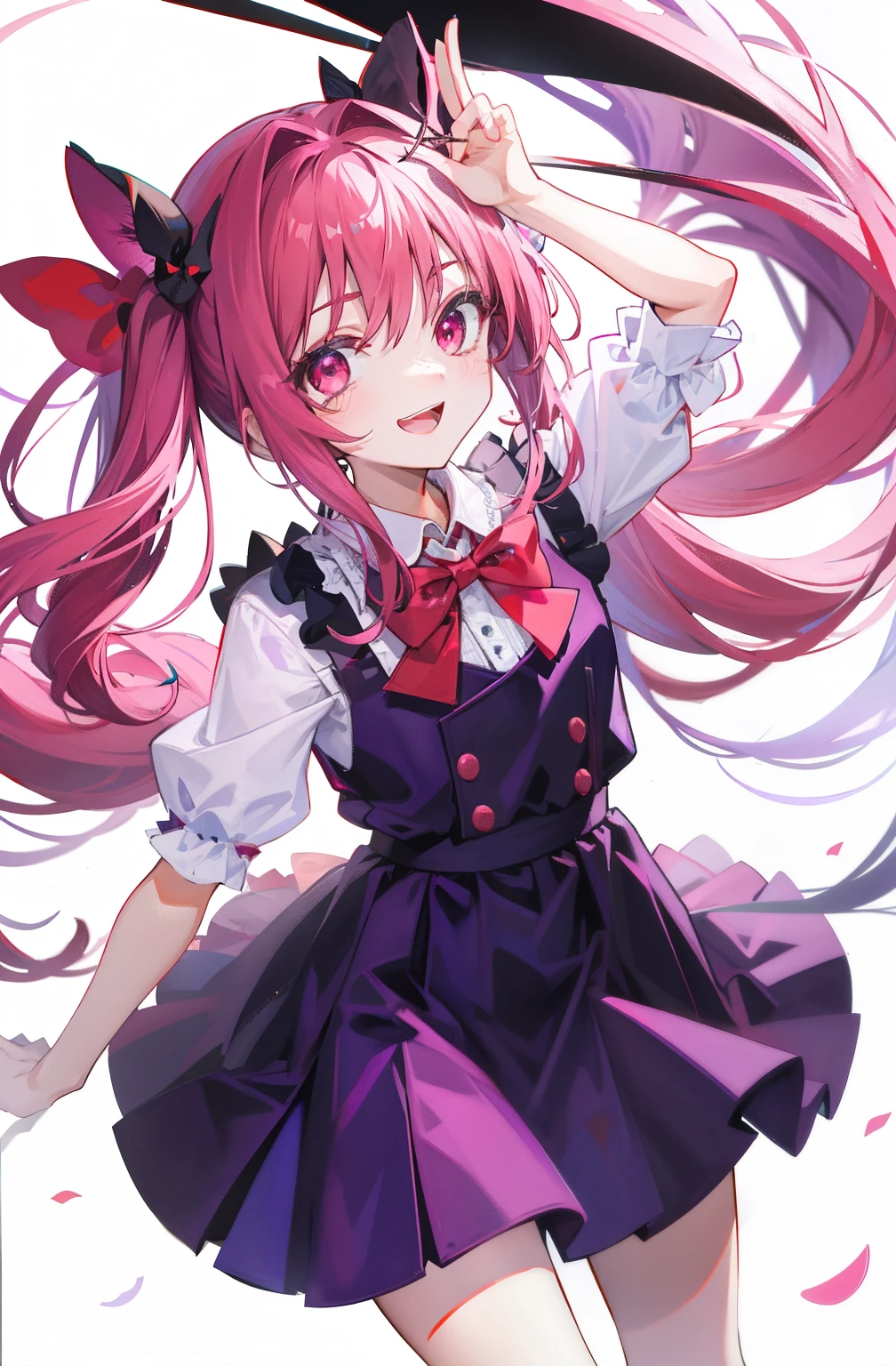 Single dark purple tail,pink-red eyes,Open your mouth and laugh,red bow