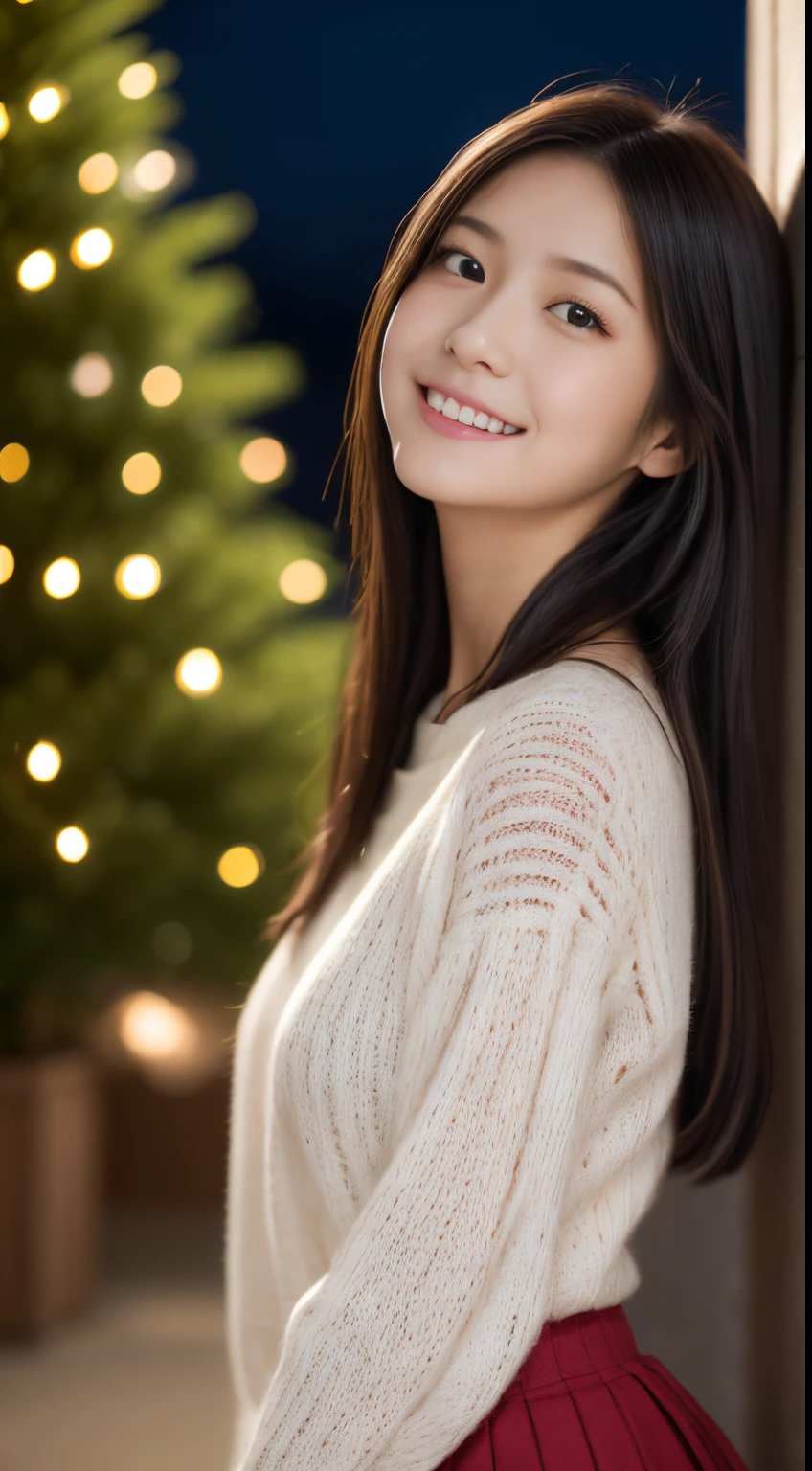 1girl in, *****************、Gravure model for Japan, (cute little, a beauty girl,profile:1.2), Modest big,  𝓡𝓸𝓶𝓪𝓷𝓽𝓲𝓬,(Beautiful Christmas night view and snow:1.2), (Looking up at the big Christmas tree:1.5)、(wearing a fluffy white wool sweater:1.2), (Beautiful night with Christmas illuminations:1.2),  red scarf, (Red pleated skirt),   A dark-haired、Lost in thought with a happy expression、 Best Quality, hight resolution, Detailed skin, Detailed face and eyes, Hi-Res, Natural lighting, Perfect Anatomy, Physically-based rendering, Photorealistic, symmetric clear eyes, Beautiful and well-groomed face,Teenage girl, Perfect figure, Transparency, hposing Gravure Idol,