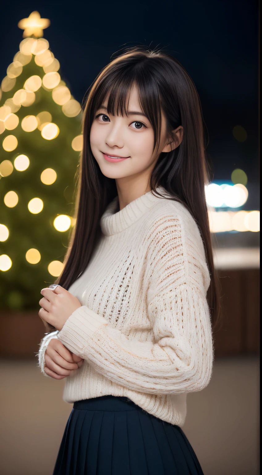 1girl in, sixteen years old、Gravure model for Japan, (cute little, a beauty girl,profile:1.2), Modest big, 𝓡𝓸𝓶𝓪𝓷𝓽𝓲𝓬,(Beautiful Christmas night view and snow:1.2), (Looking up at the big Christmas tree:1.5)、(wearing a fluffy white wool sweater:1.2), (Beautiful night with Christmas illuminations:1.2), red scarf, (Red pleated skirt), A dark-haired、Lost in thought with a happy expression、 Best Quality, hight resolution, Detailed skin, Detailed face and eyes, Hi-Res, Natural lighting, Perfect Anatomy, Physically-based rendering, Photorealistic, symmetric clear eyes, Beautiful and well-groomed face,Teenage girl, Perfect figure, Transparency, hposing Gravure Idol,