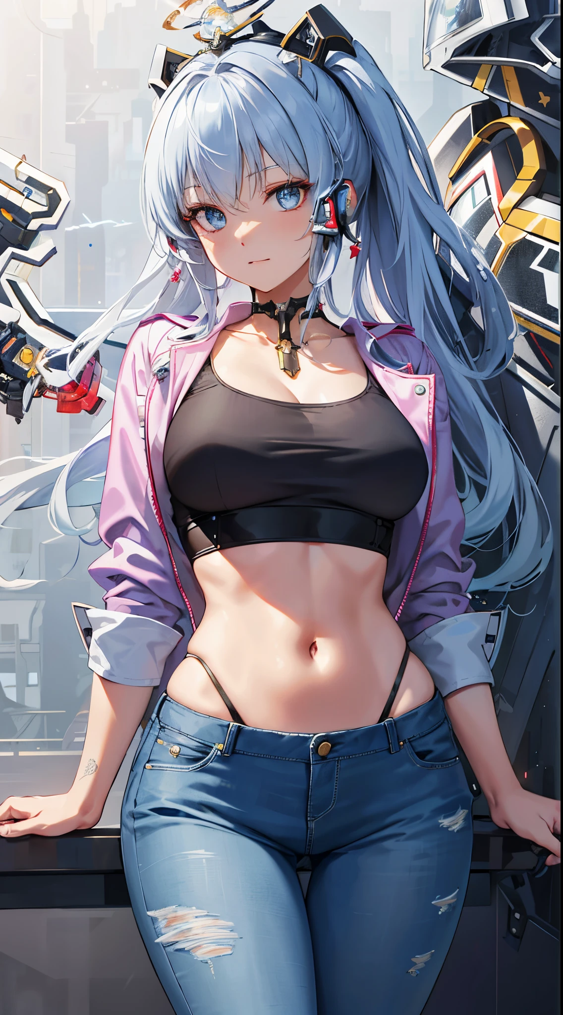tmasterpiece,Best quality,ultra - detailed,very detailed illustration,Very meticulous,Complicated details,A high resolution,super complex detail,Very detailed 8k CG wallpaper,Denim lenses,Caustics,reflector,ray traycing,Demon Theme,Starcloud,darkness aura,cyber effect,(1 Sister:1.4),Alone,Alone,mecha girl,mechanicalparts,robotjoints,single mechanical arm,Hats,Mechanical Aura,star halo,Electromechanical jumpsuit,mecha corset,Common,Straight A'S,Very long hair,White hair , Hair between both eyes, Hair color, Colored inner hair, blue colored eyes, glowing light eyes, Eye trajectories, Random expression, Random actions, ancient japanese architecture, ponds, starrysky, skylines,