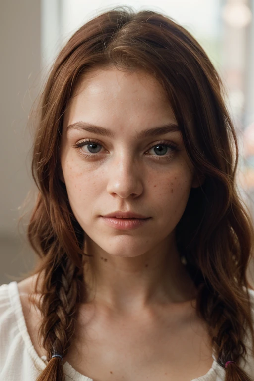 ((best quality)), ((masterpiece)), (detailed), hyper realistic red-haired woman with intense red hair, one thin braid falls over her face, turned half right and looks at you like an Leonardo DaVinci, has freckles, impressive, breathtaking beauty, Volumetric light, auras, rays, vivid colors reflects
