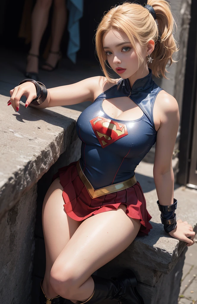 4k, Realistic, Charismatic, Very detailed, There's a girl in heaven, vestido com uma fantasia de super menina, she is a super girl, superhero theme, cabelos curtos loiros, rabo-de-cavalo, 20 anos, corpo inteiro, (detalhe nos olhos), (detalhe no rosto), incrivelmente bonito, olhos azuis, corar, maquiagem, Red lipstick, minissaia, (quadris largos),  (coxas grossas), seios pequenos, vestir,, pose sedutora, (figura de ampulheta extrema), fino, esbelto, saia branca, Botas, camiseta apertada