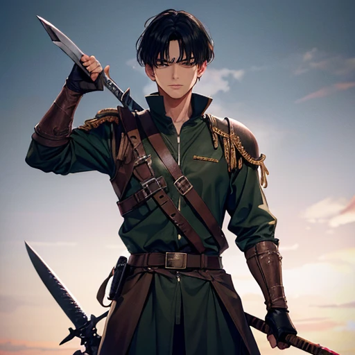 Um soldado com seus olhos sangrando metade zumbi e uma traje militar segurando a espada de Berserk
