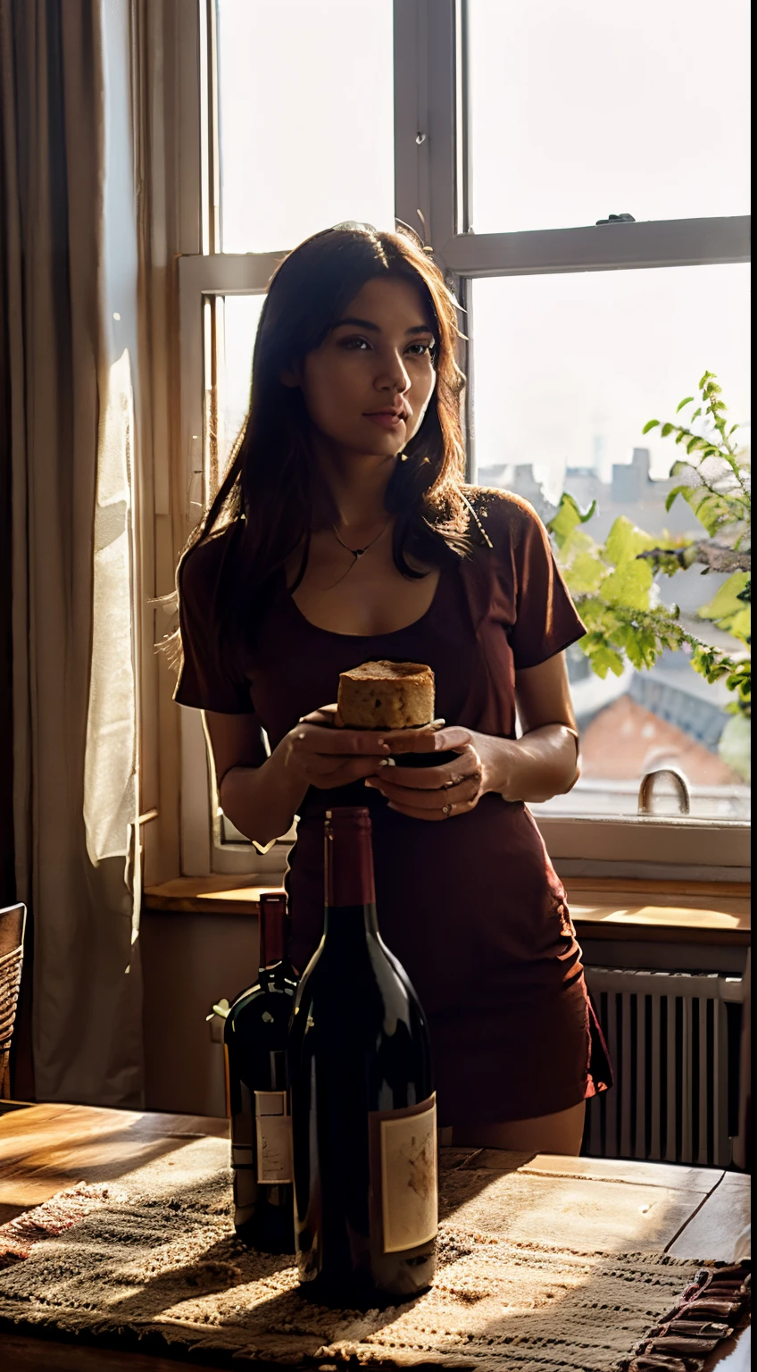 There was a bottle of red wine on the table、Biscuits and bread, A family portrait,  Window lighting , brightened light, Background curtains, Still life impasto painting , Bright background, The sun  good