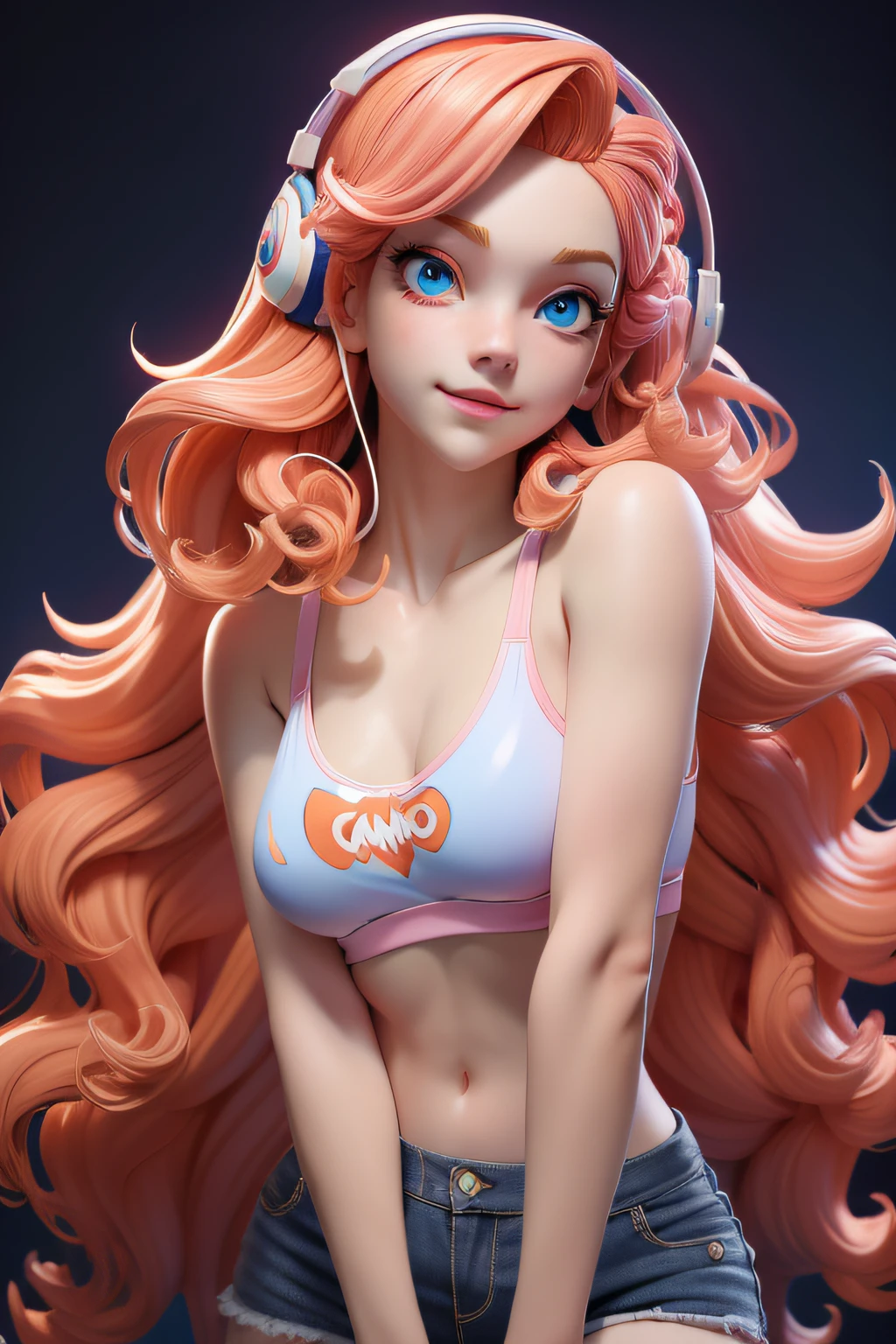 masterpiece, best quality, meggy, headphones, goggles on head, orange lace bra, orange lace panties, sitting on bed, smirking,