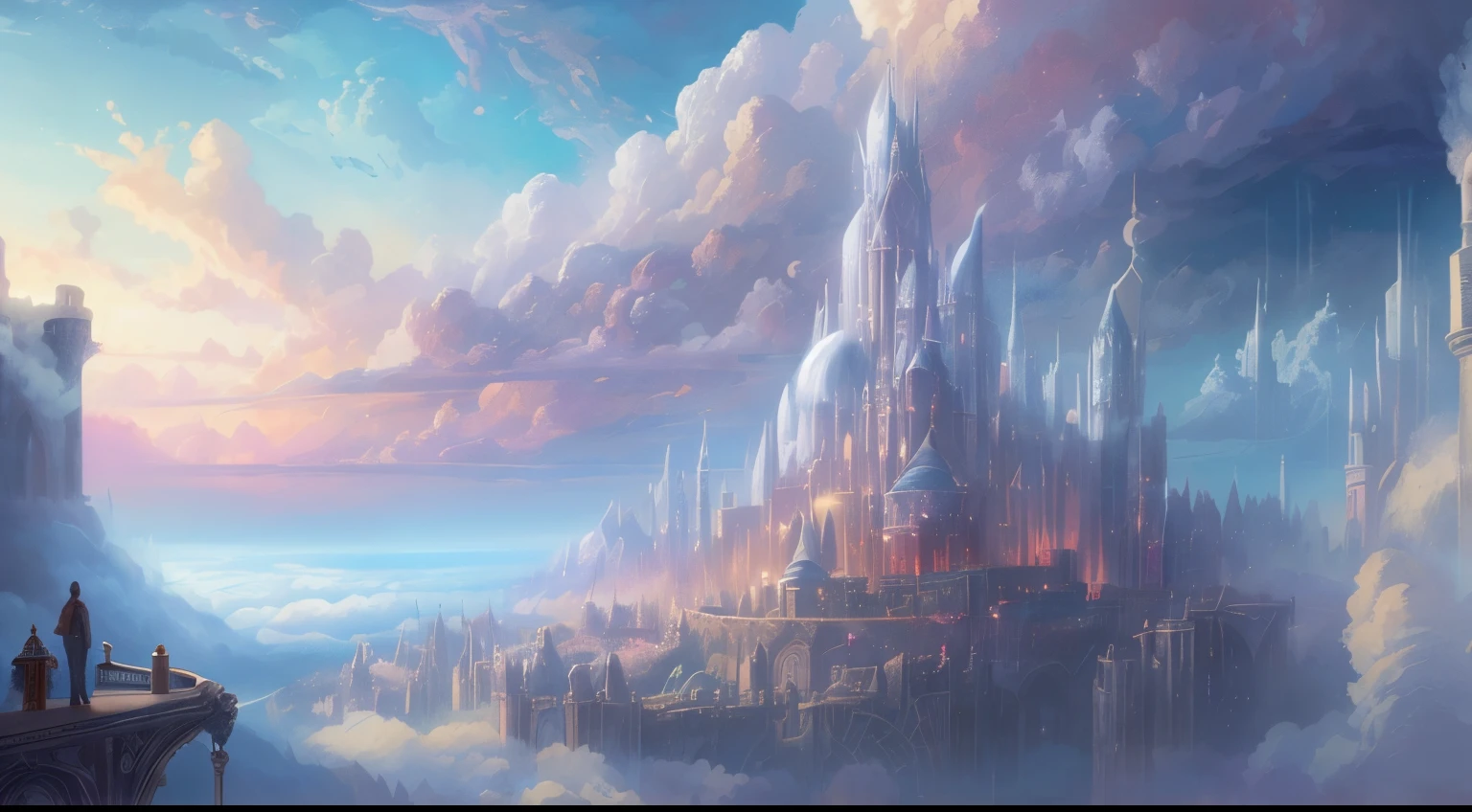 Illustration of a castle in the sky with a man standing on a railing, Fantasy cityscape, A city floating on the clouds, Fantasy City, Cloud Palace (Cloud Palace), Fantasy city setting, in front of a fantasy city, city in the clouds, city in the clouds, fantasy capital, Fantasy Sci-Fi - in Pi City, Fantasy architecture, The land floating in the clouds