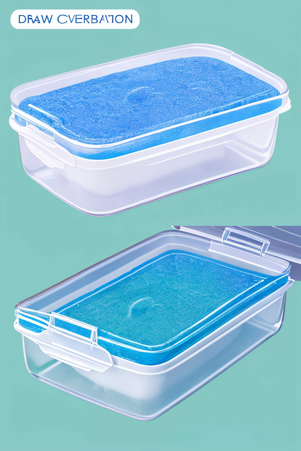 Draw a 3D image which is a rectangular transparent container that is partially filled with a water-sodium hydroxide solution that contains a bacterial cellulose membrane inside and clearly shows a bacterial cellulose membrane. The bacterial cellulose membrane is carefully placed into solution Make the solution color white blue.