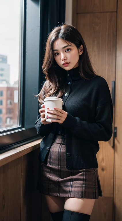 Indoors, portrait, a 25-year-old woman holding a coffee cup, black cropped knitted cardigan, arm:1, dark red narrow skirt with black plaid pattern, black knee-high suede boots, standing next to an office window