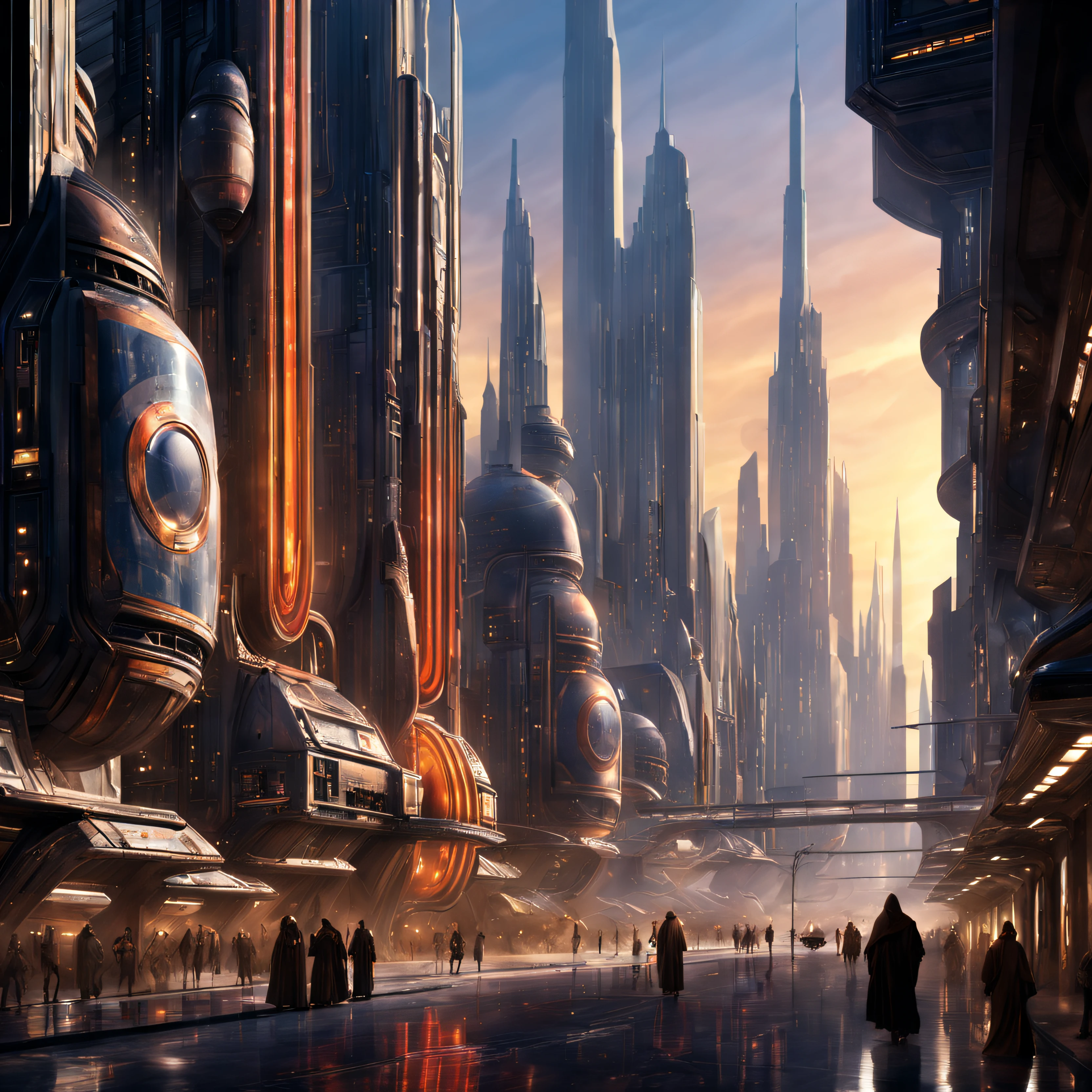 (The city of Coruscant from Star Wars as designed by Doug Chiang), futuristic fantasy city with immense buildings of technological design (que forman una avenida infinita), edificios compactor no difuminados con aspecto metalico, luces en ventanas en edificios, iluminacion diurna con sol, con estructuras acristaladas espectaculares, (con colores vivos). pavimento ensolado (sin brillo). gente paseando. imagen bien definida con muchos edificios juntos. imagen nitida bien definida 8k. los edificios llegan alta el fondo.,8k. imagen cinematografica