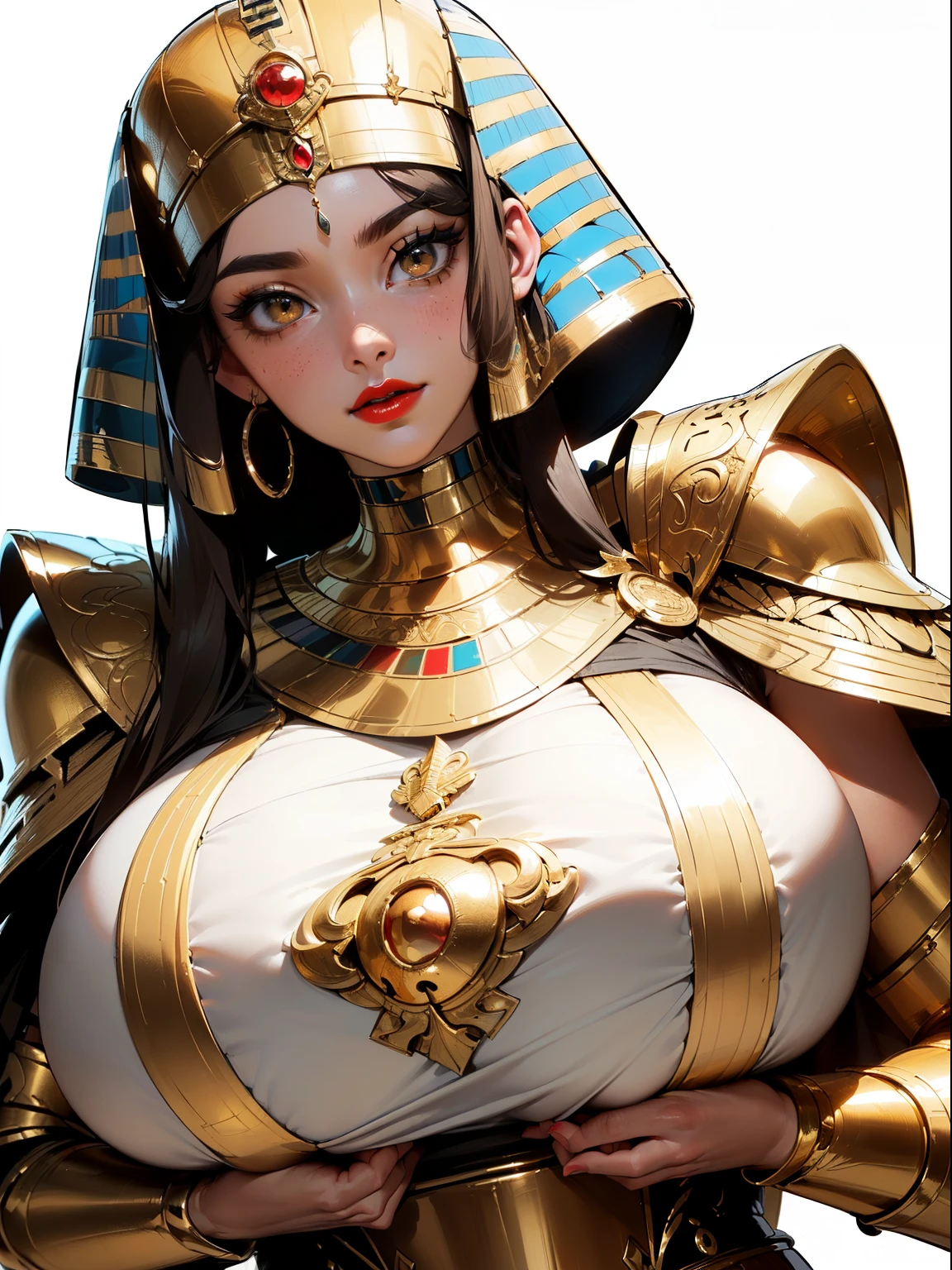 ((side profile)), ((body view:1.2)), ((masterpiece)),(((best quality))), ((egyptian empress, mature face)), ((middle eastern eyes:1.4)), (((black hair)), defined cheekbones, high cheekbones, illustration, ((muscular:1.3)), ((gold:1.4)), sexy bimbo, (gigantic breasts:1.7) ((long Egyptian headpiece)), black hair, slender figure, ((detailed face:1.4)) beautiful woman, (egyptian:1.4), ((skindentation)), scribbles and marks,(puffy lips:1.4) , rough sketches, pose, 8k,16k, ( background, white background: 1.3)