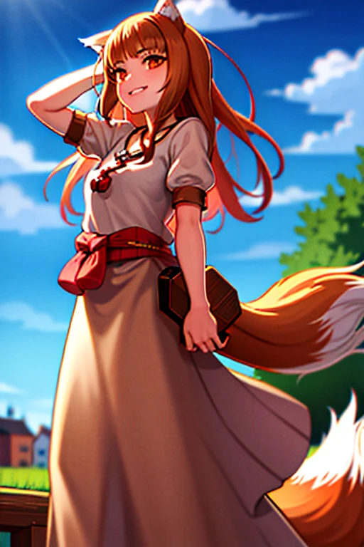 (holo:1.5), (holoBrownDress:1.5), Obra maestra, La mejor calidad, absurdos, 1girl, Mirando al espectador, En pie, Disparo de vaquero, al aire libre, medieval, Calle empedrada, Ciudad, bolsa, sash, They are smiling, guitarra,pecho enorme, curva