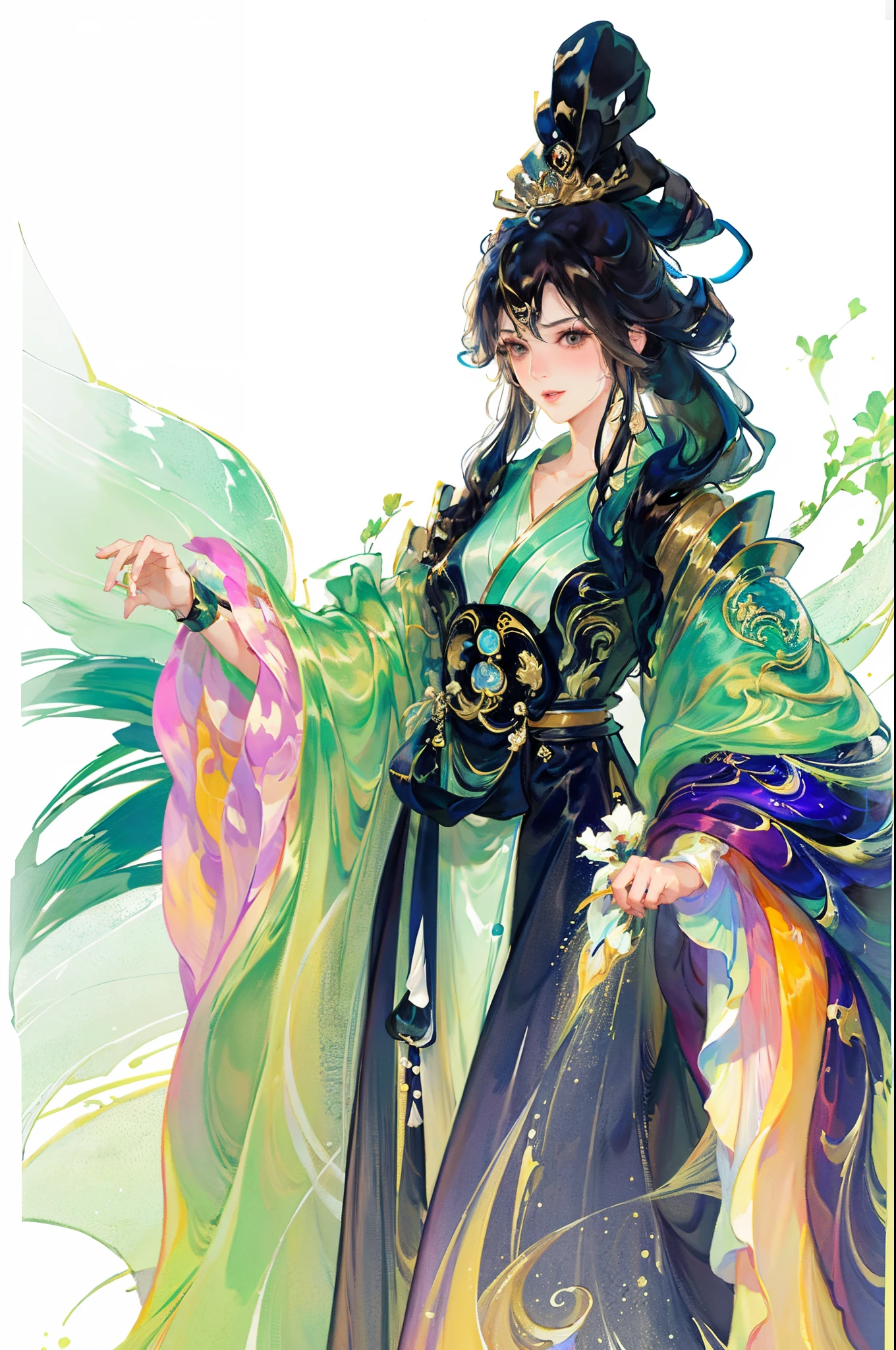 Best quality at best, 超高分辨率, (((1 girl))),(Long black hair), game fairy, Hanfu, Yarn, Flowing light yarn, jewelry, (focal), (((Colorful))), particle fx , tmasterpiece, Best quality at best, beautiful painted, meticuloso, highly  detailed, (tmasterpiece, Best quality at best） CG unified 8K wallpaper，tmasterpiece，Best quality，ultra - detailed）, Super HD picture quality，Clear face，good looking hand