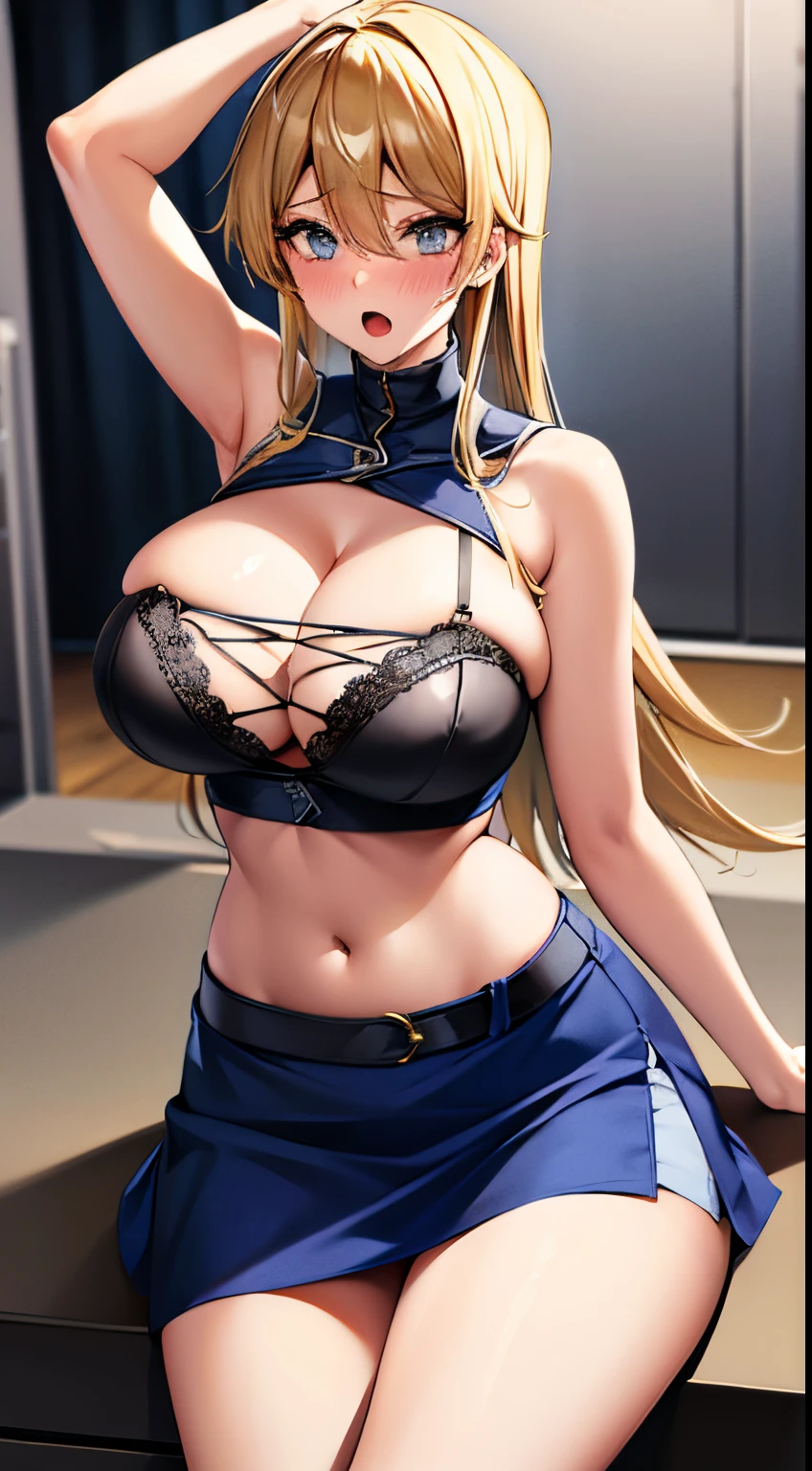 ta1,blonde hair, blue skirt,tight skirt shoulders, panties,  looking at viewer, blue eyes, ,belt,open mouth, collarbone, lingerie, stomach, navel, black lace bra, black lace panties, ????????? only, hair ornament, solo, thighs, cleavage, large ??????,(big ????:1.2),indoors, bra, blush, 1girl, smile, embarrassed,?????????,full body, sitting