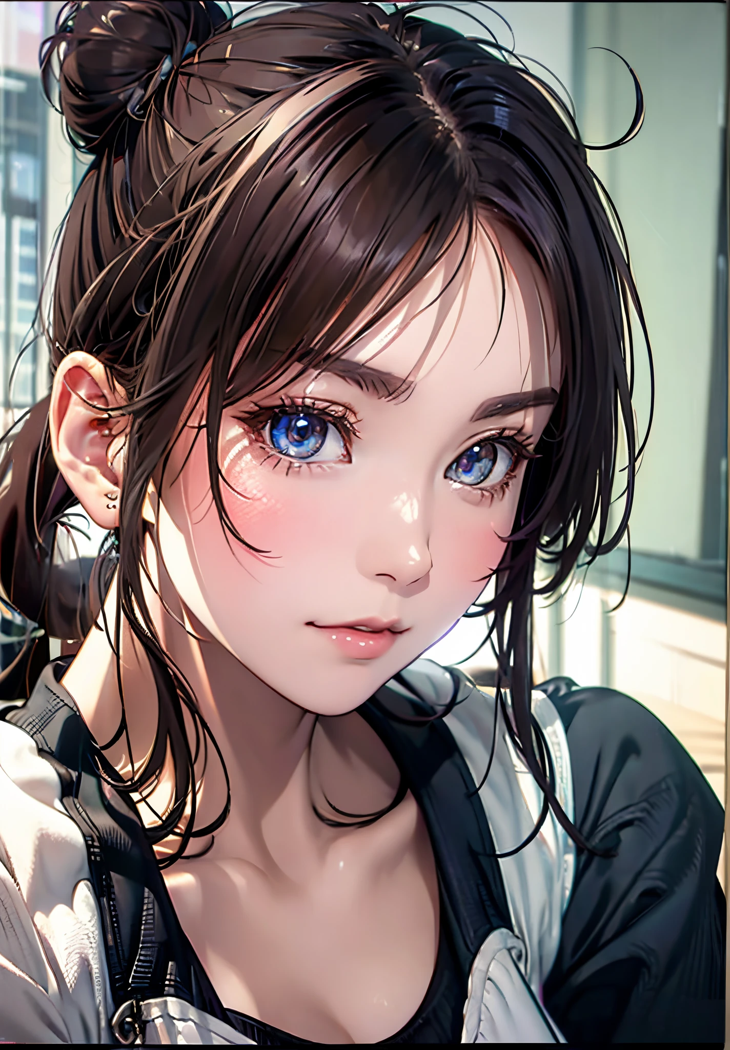 8K,Best Quality, masutepiece, 超A high resolution, (Photorealistic:1.4), Raw photo, (Authentic skin texture:1.3), (Film grain:1.3), (Selfie angle),1girl in, Bun hairstyle, Brown hair, Sitting, Chair, bored, Hand supporting chin, beautiful detailed eyes and face,masutepiece, Best Quality,close-up,upper bod,