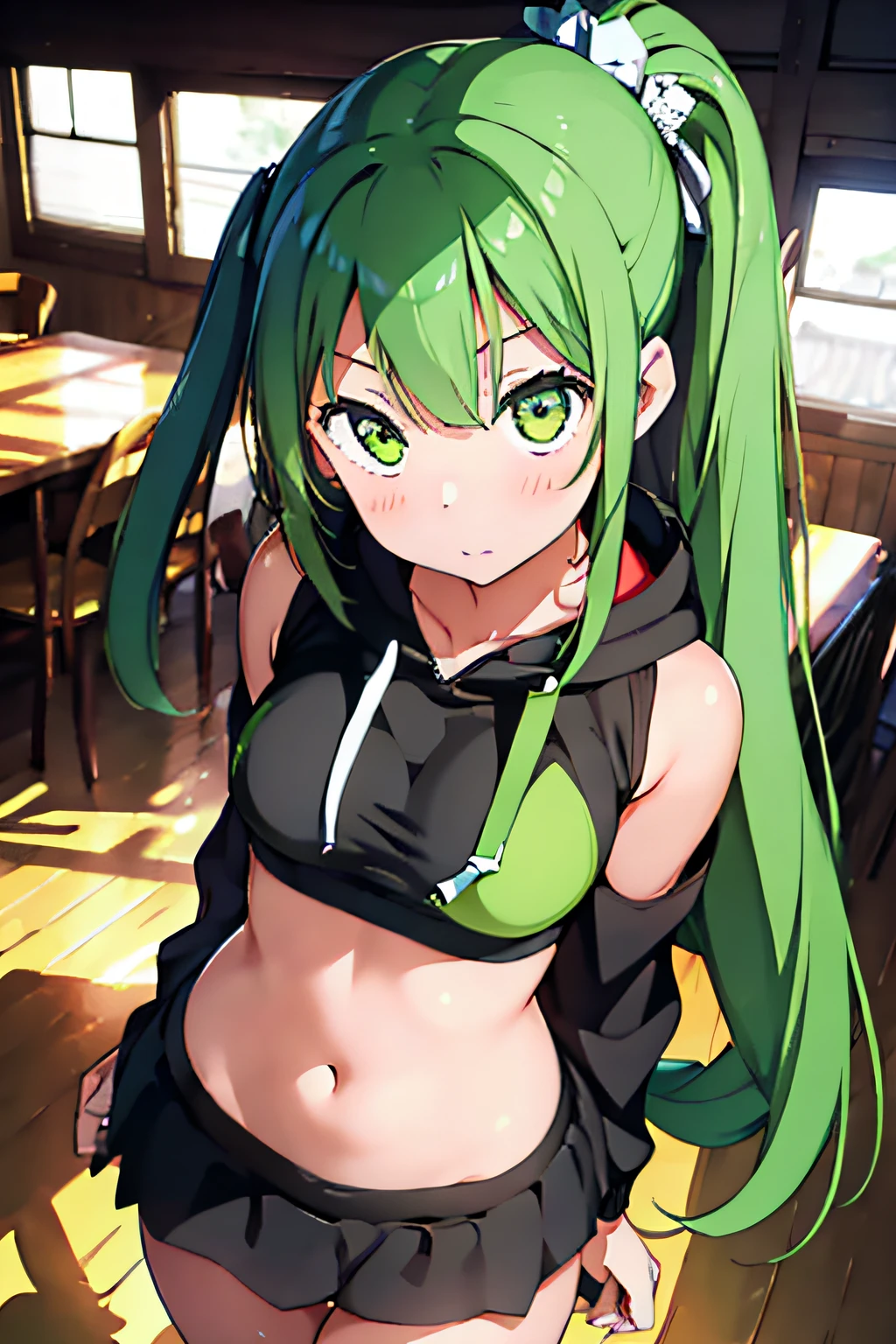 (1girl), bottomless, anime style, polished and powerful look, exotic, girl design, mara, portrait, giesha, anime image, with yellow green side tail long hair, showing shoulder, black and green bikini hoodie, low angle, wide angle lens f/2.8, ultra insane high resolution intricate textures, texture indentation, perfect perspective, perfect geometry, ultra insane ambient lighting, ultra insane ambient shadows, luminism, tessellation, maximalism, perfectionism, IPA Award wining masterpiece,