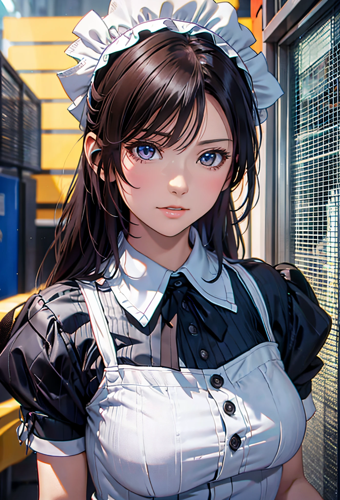 8K, of the highest quality, masutepiece:1.2), (Realistic, Photorealsitic:1.37), of the highest quality, masutepiece, Beautiful young woman, Pensive expression,、A charming、and an inviting look, Cute Maid Clothes, Hair tied back, Cinematic background, Light skin tone