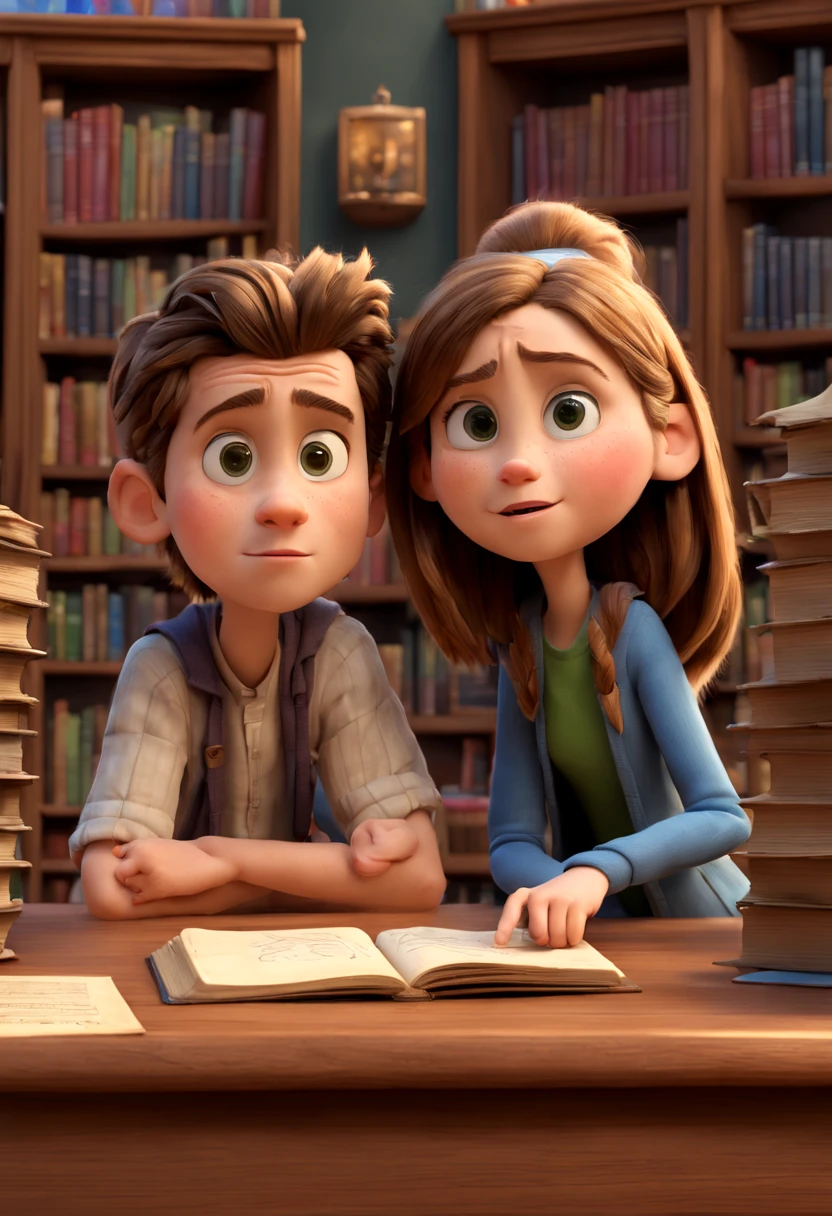 Create an image of Jake and Emily at a library table, surrounded by books and notebooks. Jake is animatedly explaining a concept, and Emily is engrossed in sketching historical scenes for their project. hyper-realistic, 8k, ultra HD, pixar style, disney, cinema 4d. --ar 3:2